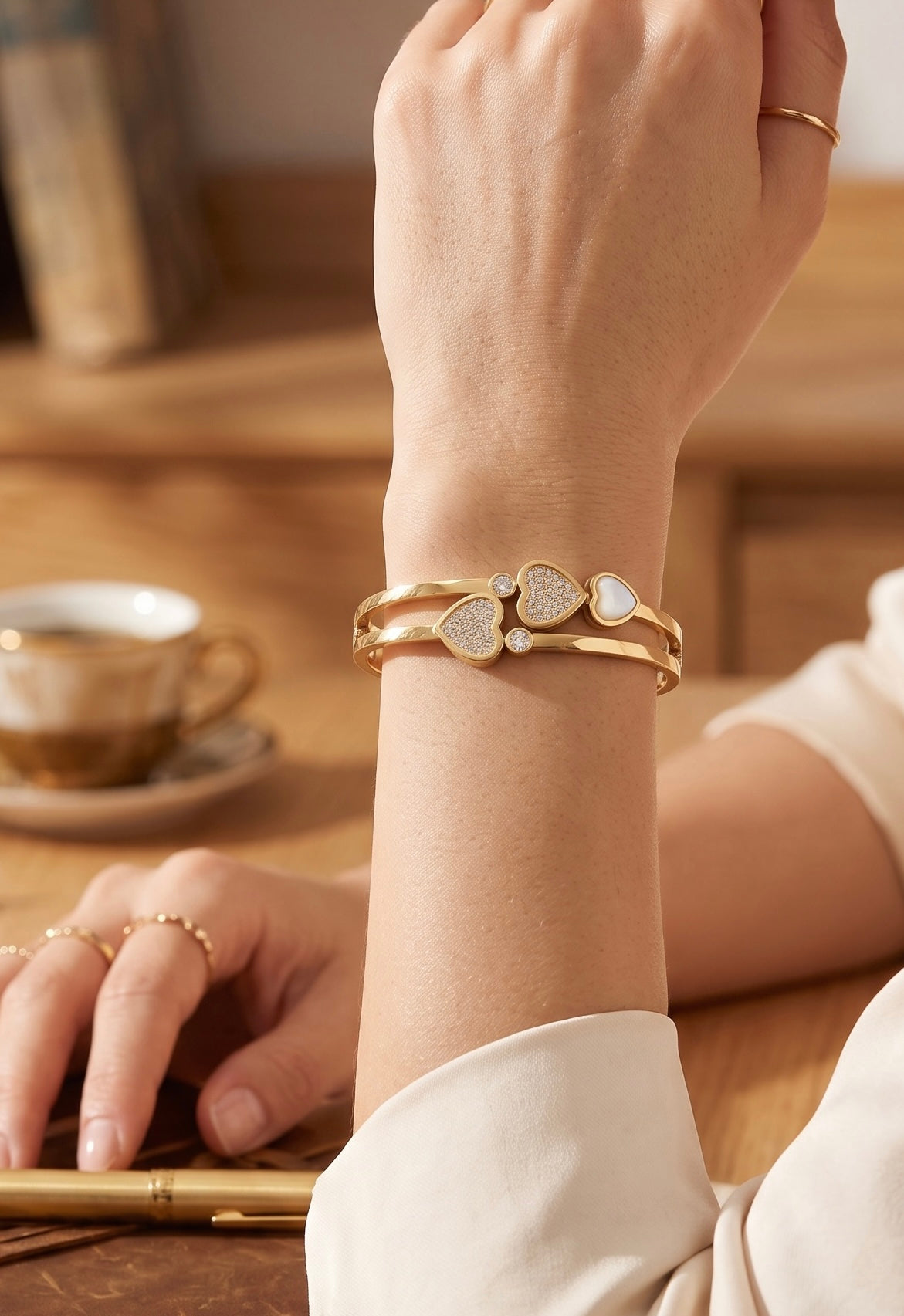 Triple Heart Crystal Gold-Tone Hinged Bangle Bracelet 8020