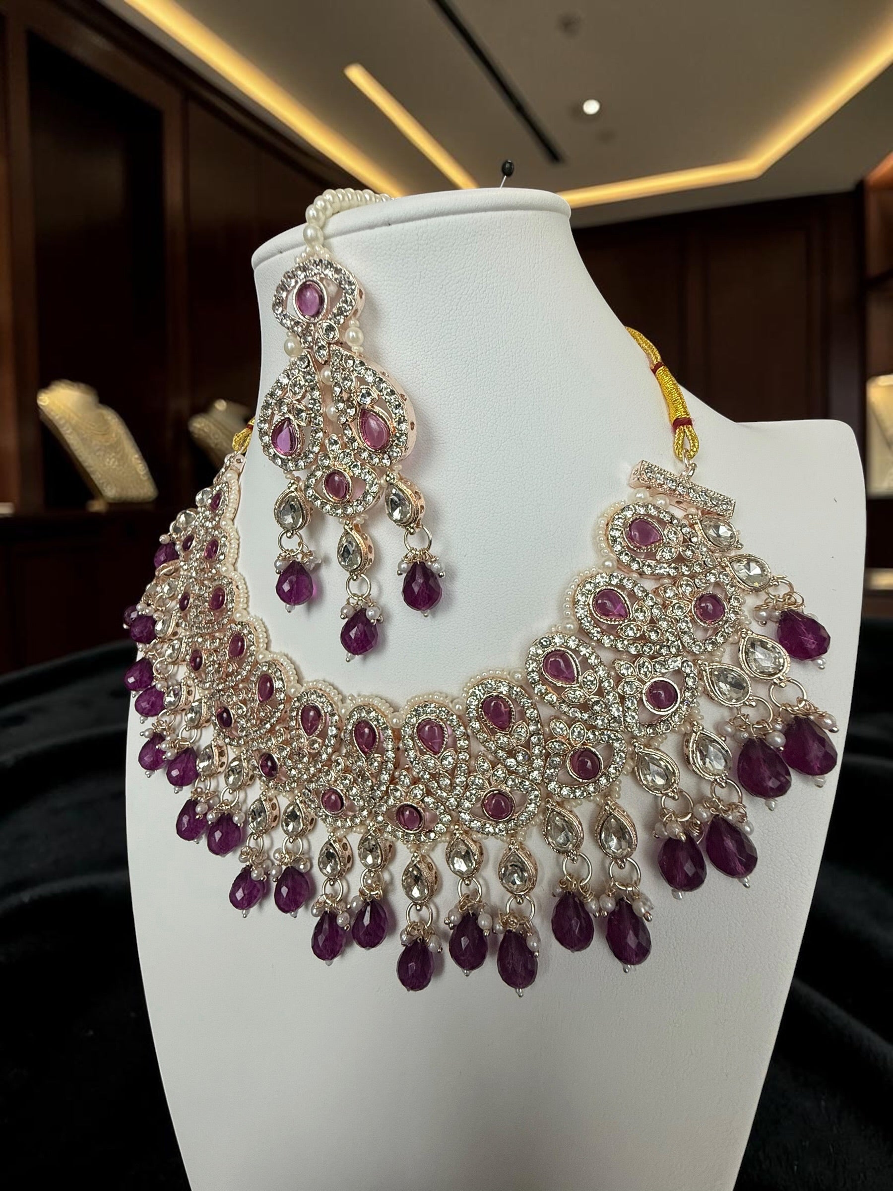 Purple Kundan Bridal Jewelry Set with Earrings & Maang Tikka | Rose Gold Indian Pakistani Afghan Wedding Necklace | Gift Box Included 6050