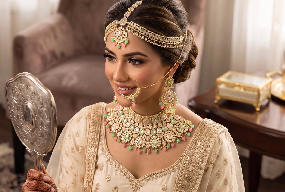 Luxury Gold Tone Half Bridal Jewelry Set with Choker, Earrings, Sheeshphool & Nath | Kundan-Inspired Wedding Jewelry 028