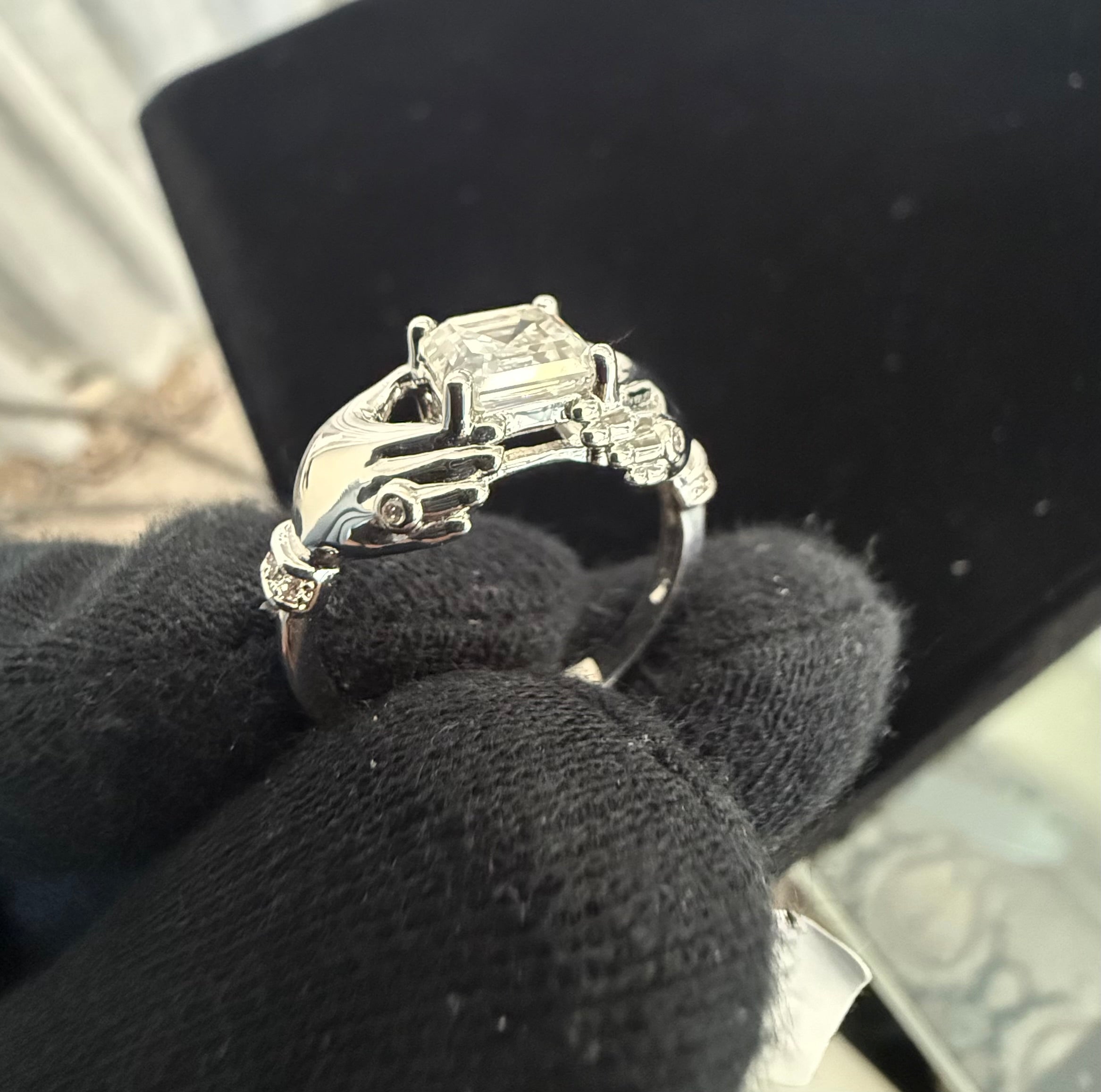 Size 7 Sterling Silver Asscher Cut Moissanite Engagement Ring – Modern Bypass Solitaire.   6015