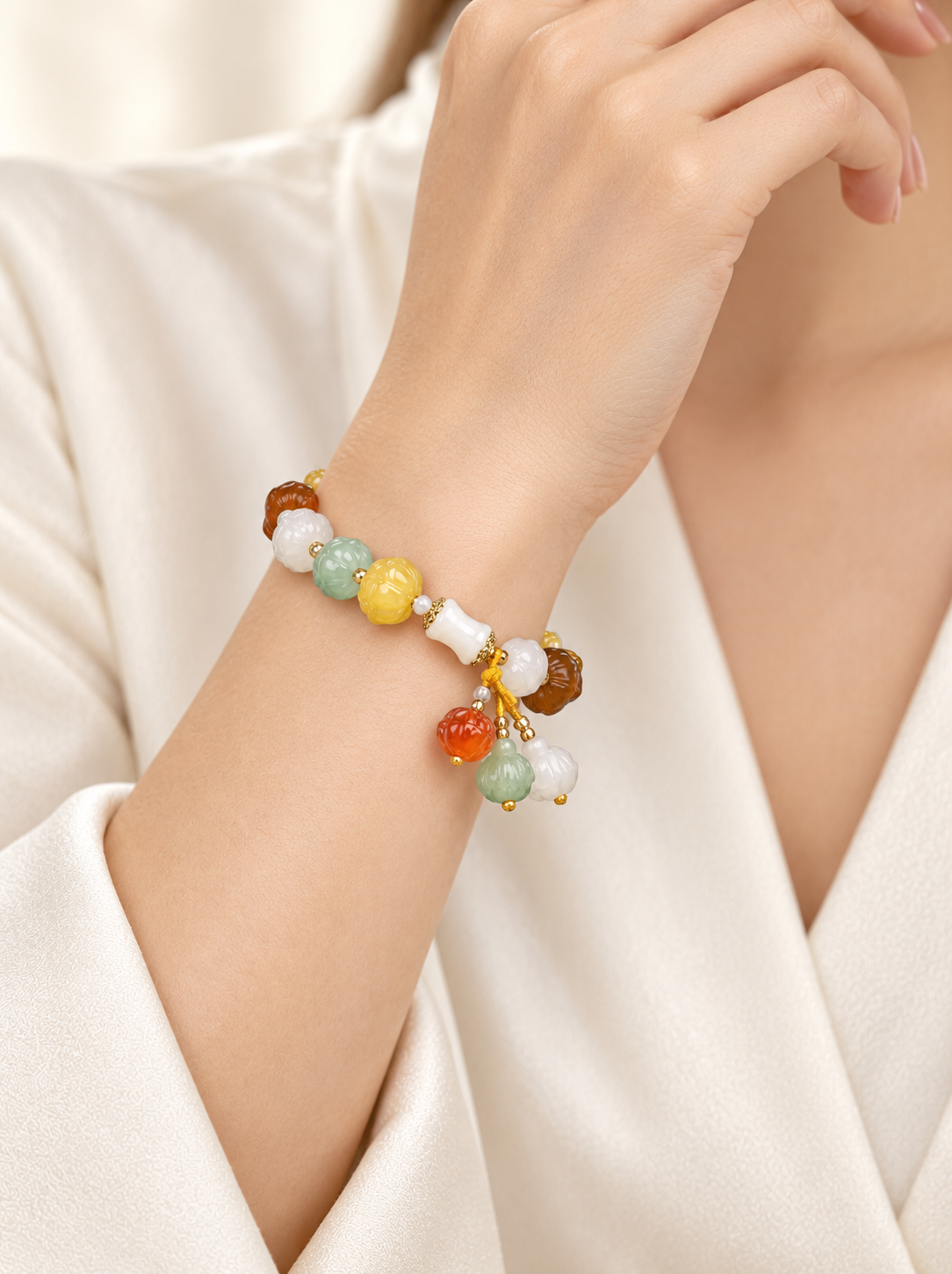 Multicolor Carved Floral Bead Bracelet with Charms for Women