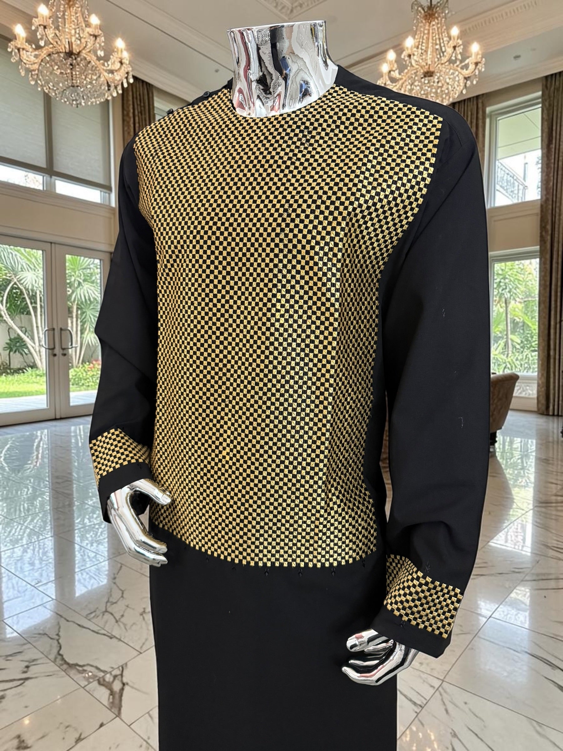 X-Large Afghan Parahan Tunban Kameese Shalwar Black Gold Machine Embroidery