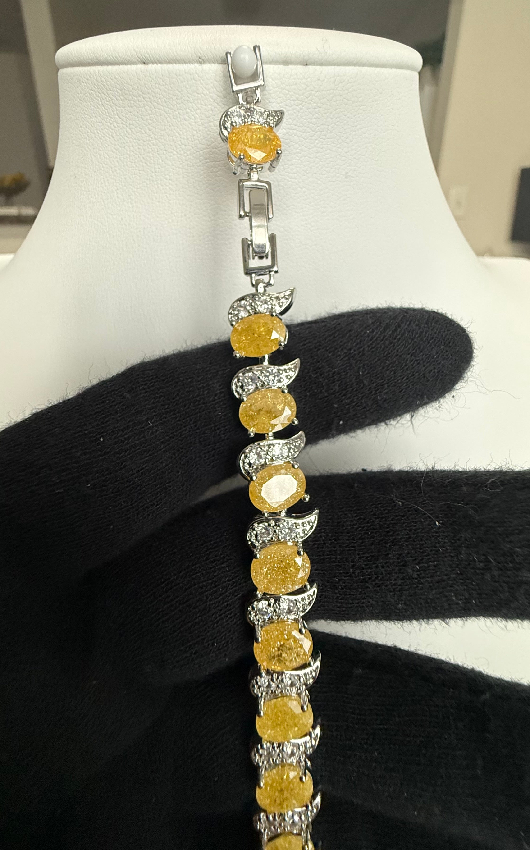 Yellow Crystal Link Bracelet – Silver-Tone Oval Stone & Pavé Swirl Bracelet for Women 7124