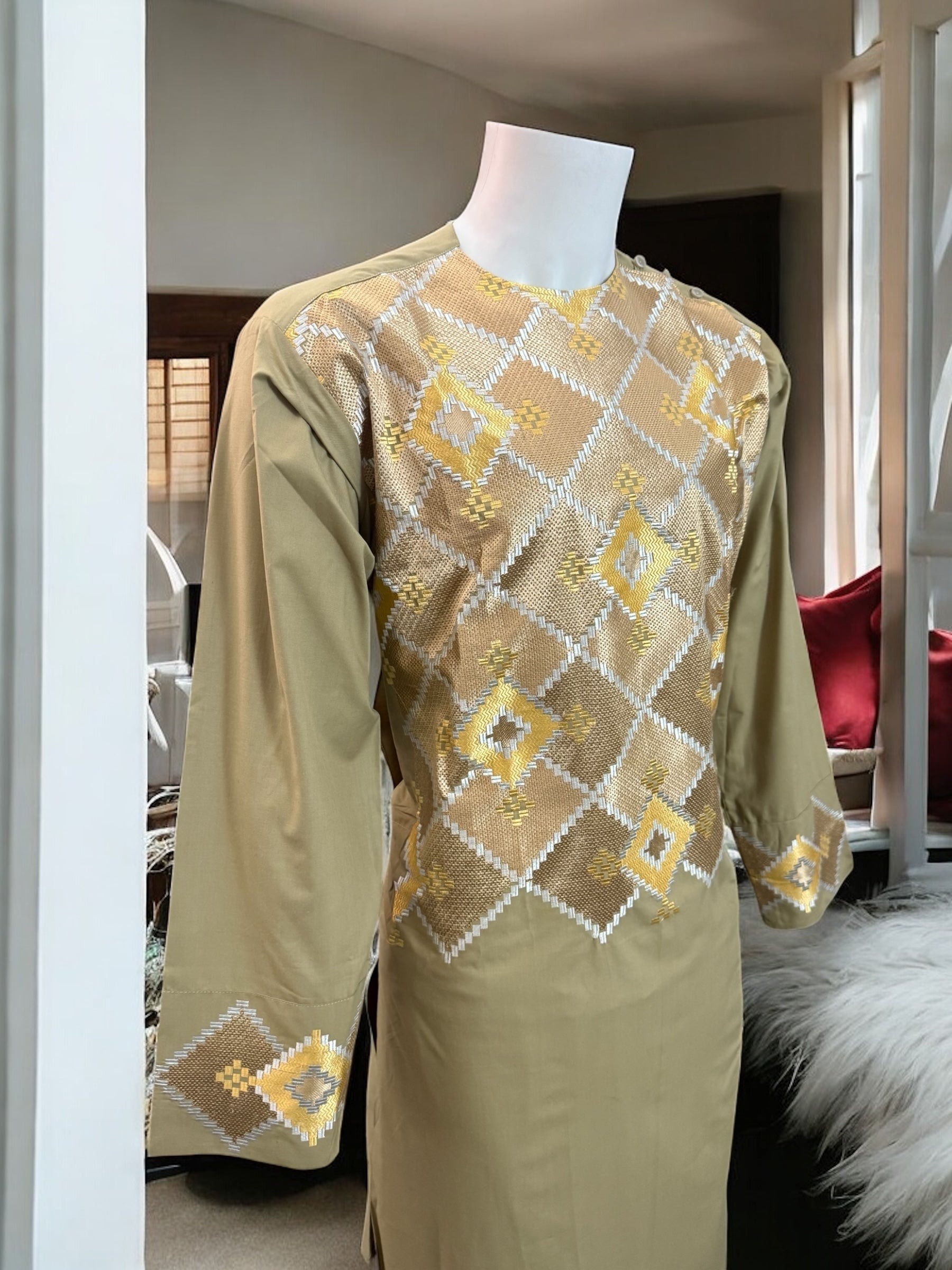 Afghan Parahan Tunban with Machine Khamakdozi Embroidery – Olive Gold – Medium