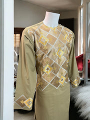 Afghan Parahan Tunban with Machine Khamakdozi Embroidery – Olive Gold – Medium