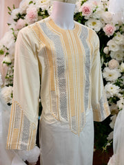 Afghan Parahan Tunban for Men Shesha Mirror Work Machine Embroidered Cream Traditional Wear X-Large