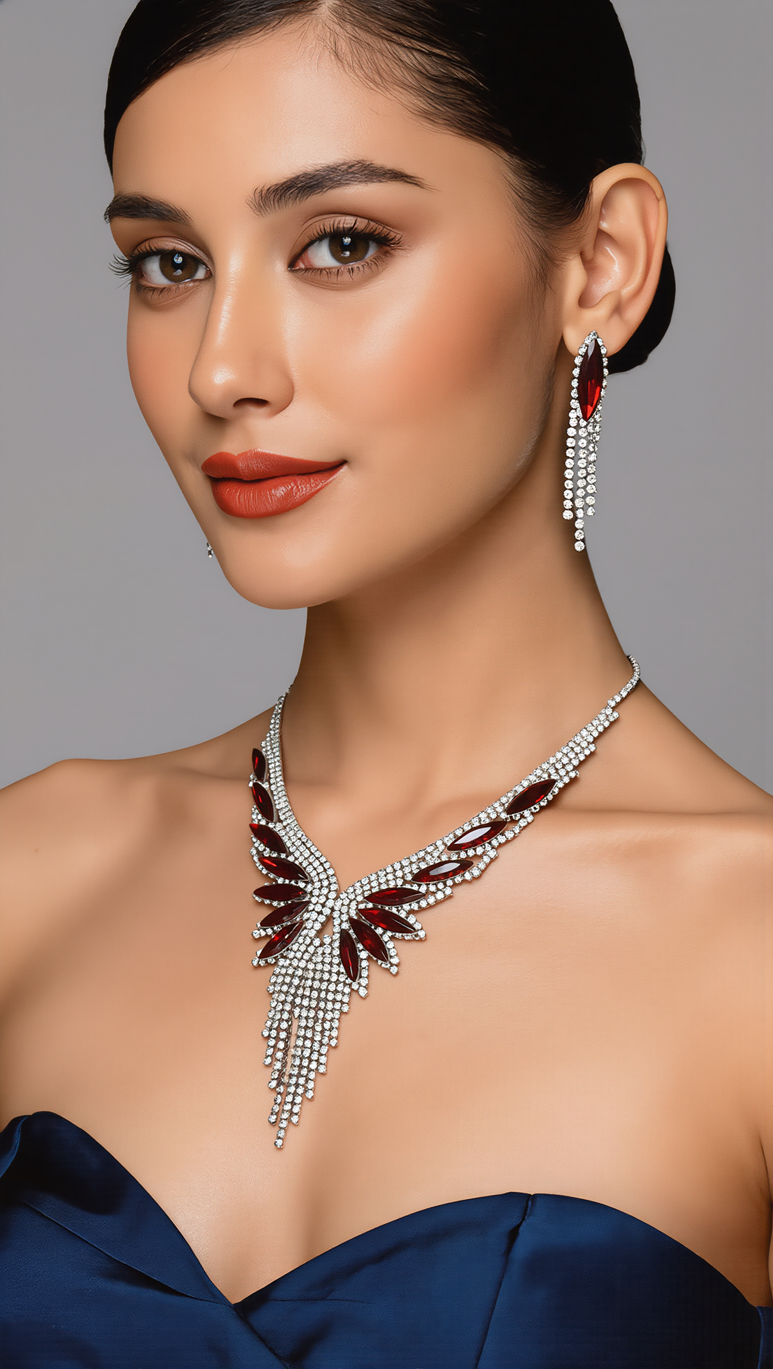 Crystal Rhinestone Statement Necklace & Earrings Set – Silver-Tone Leaf Design with Tassel, 7 Color Options, Jewelry Box Included