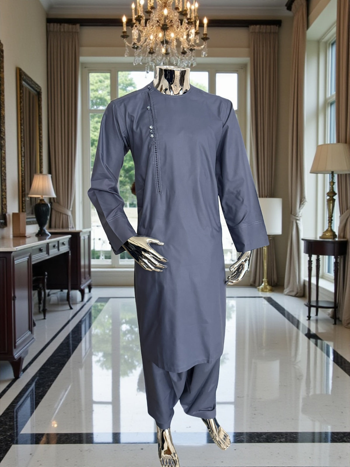 Small Afghan Parahan Tunban for Men – Premium Blue Grey color Qasimi Design