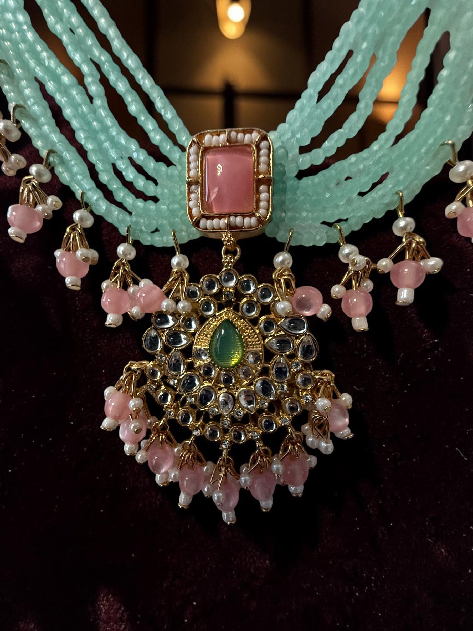 Mint Green & Pink Beaded Kundan Necklace and Earrings Set.   074