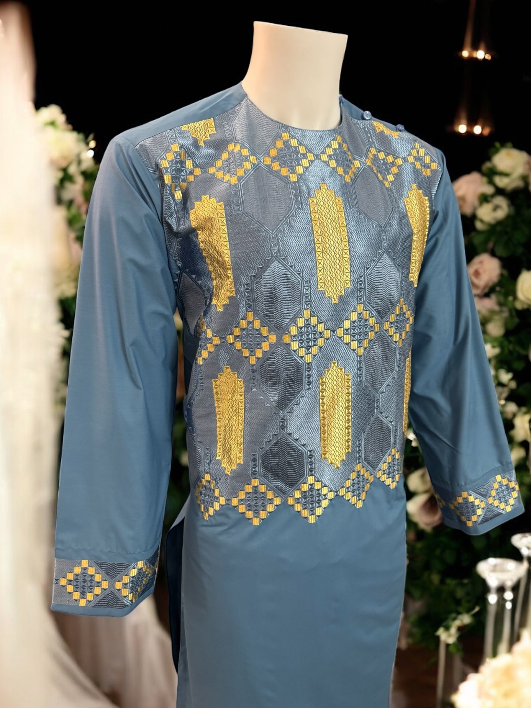 Afghan Parahan Tunban with Machine Khamakdozi Embroidery – Steel Blue Gold – Medium