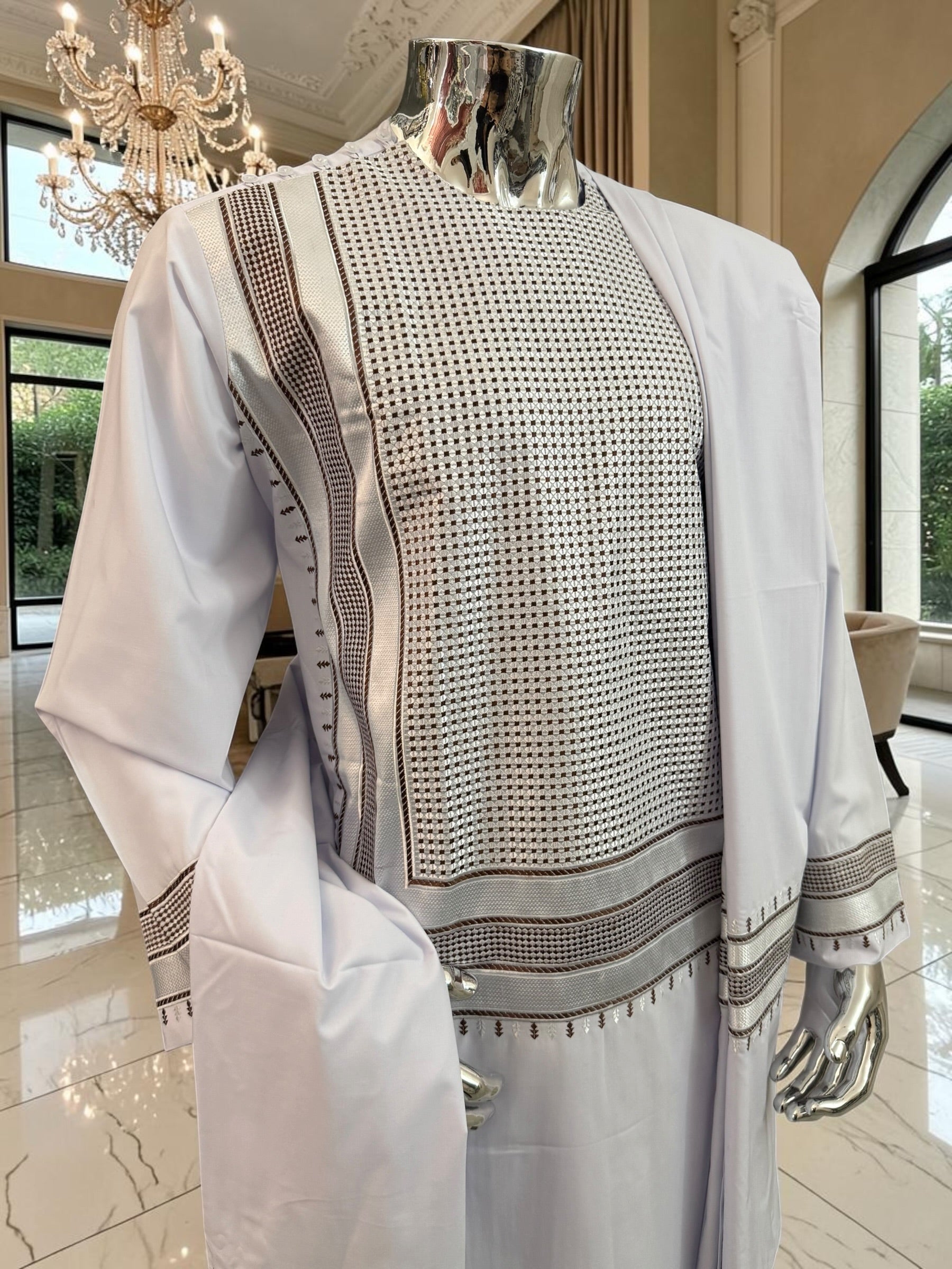 Large Premium White Parahan Tunban Set with Brown Machine Embroidery Pattu/Chadder