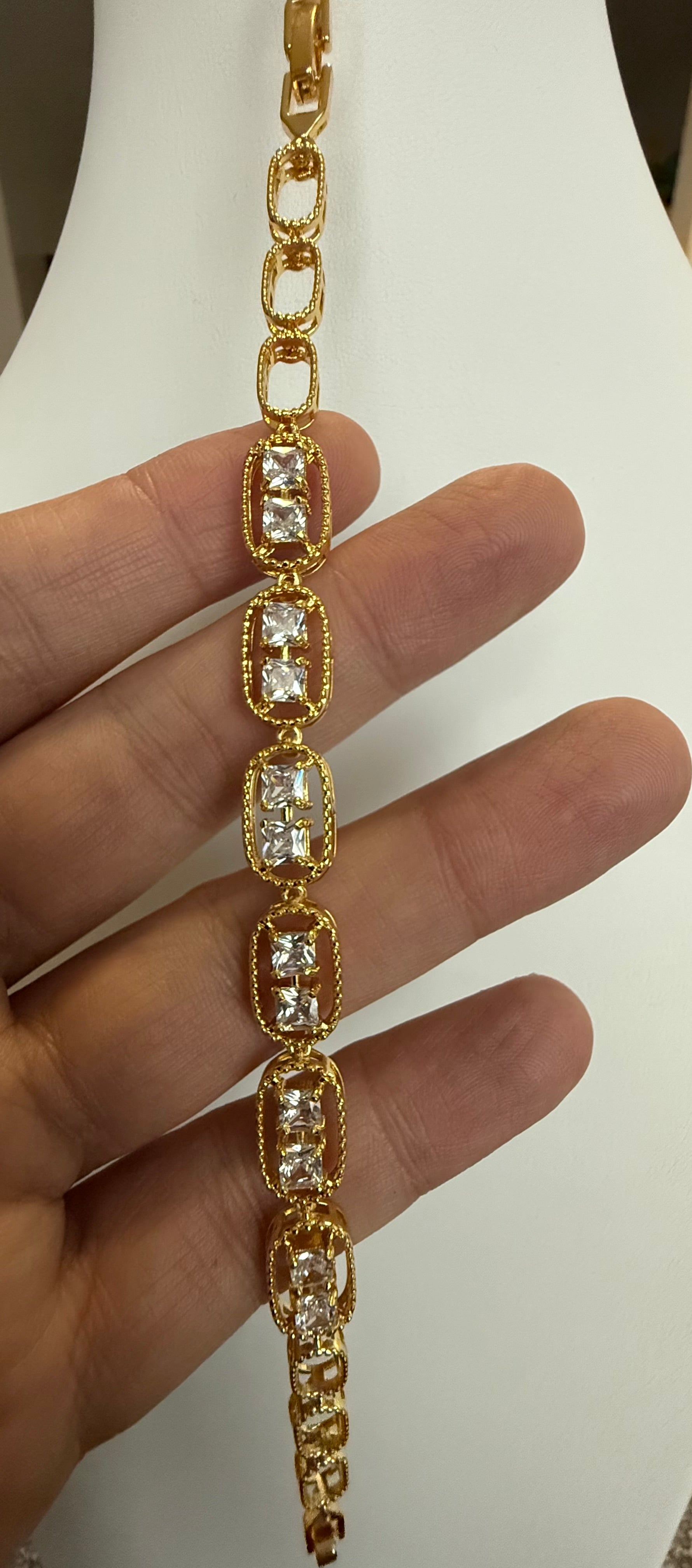 Gold Tone Clear Crystal Link Bracelet – Geometric Double Stone Statement Bracelet, Gift Ready 7077