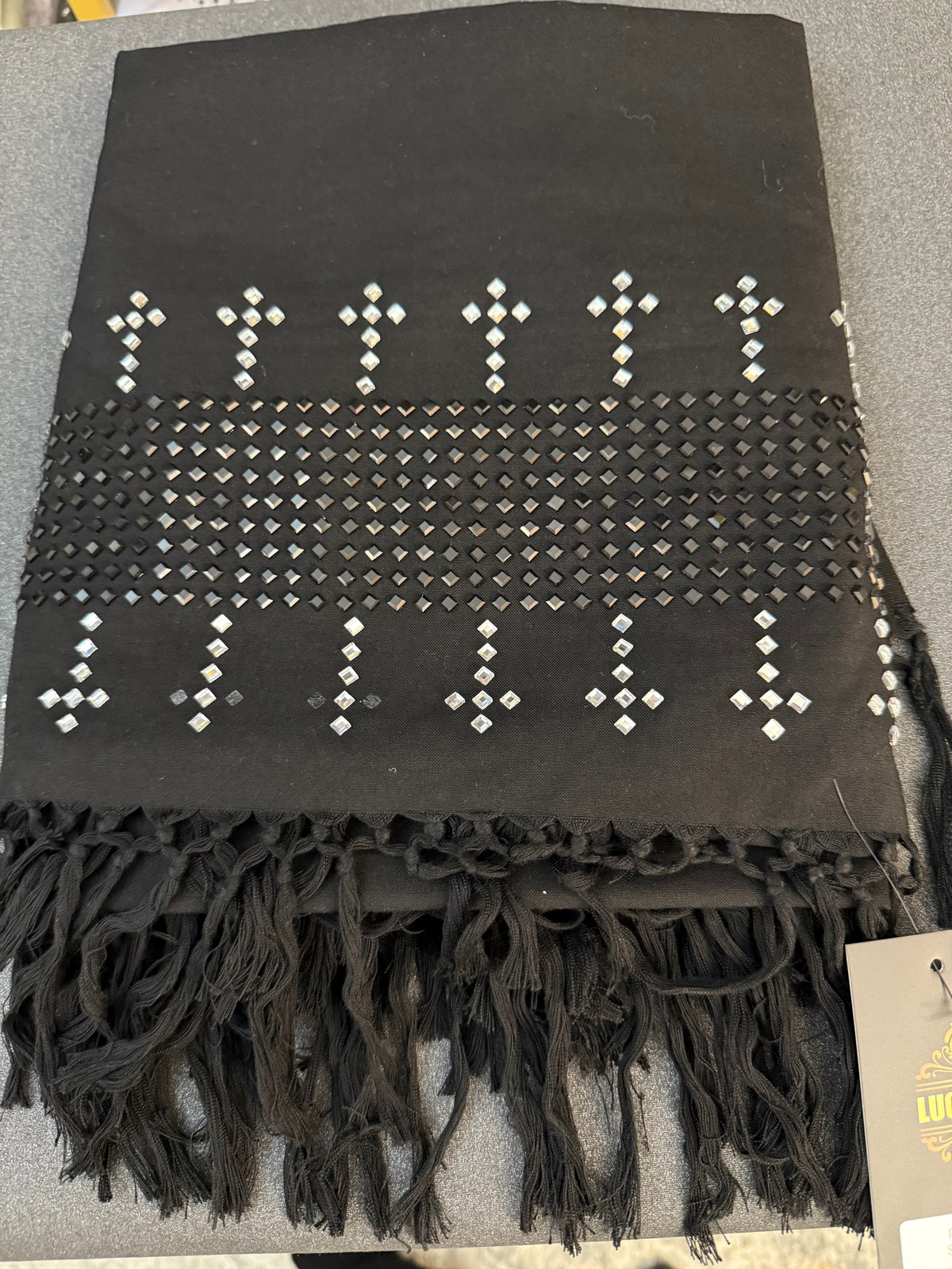 Black Afghan Shawl with Black and Silver Shesha Mirror Embellishment 2
