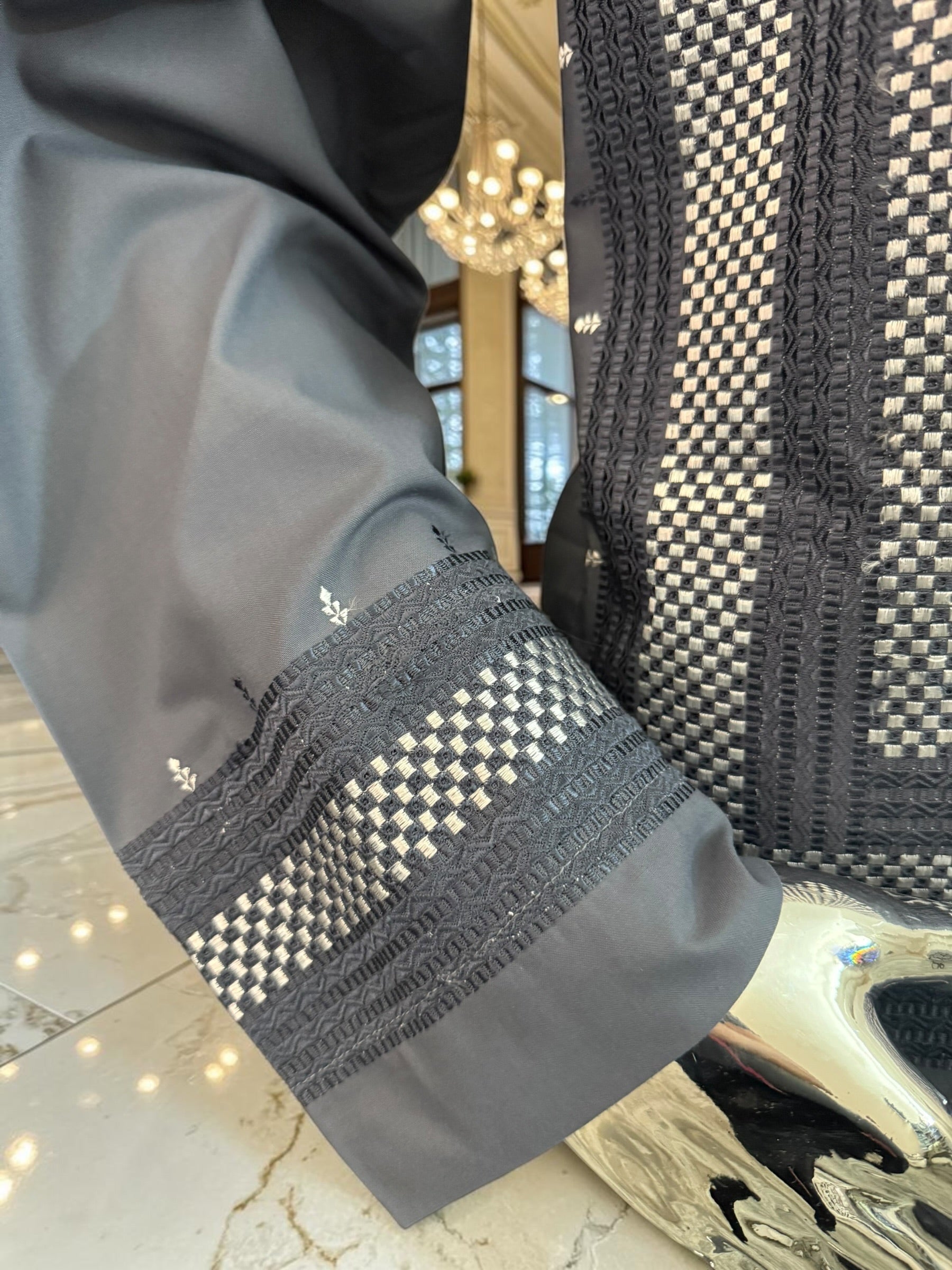 X-Large Charcoal Grey Men’s Shalwar Kameez Yakhandozi with Matching Grey and White Geometric Embroidery | Premium Traditional Wear