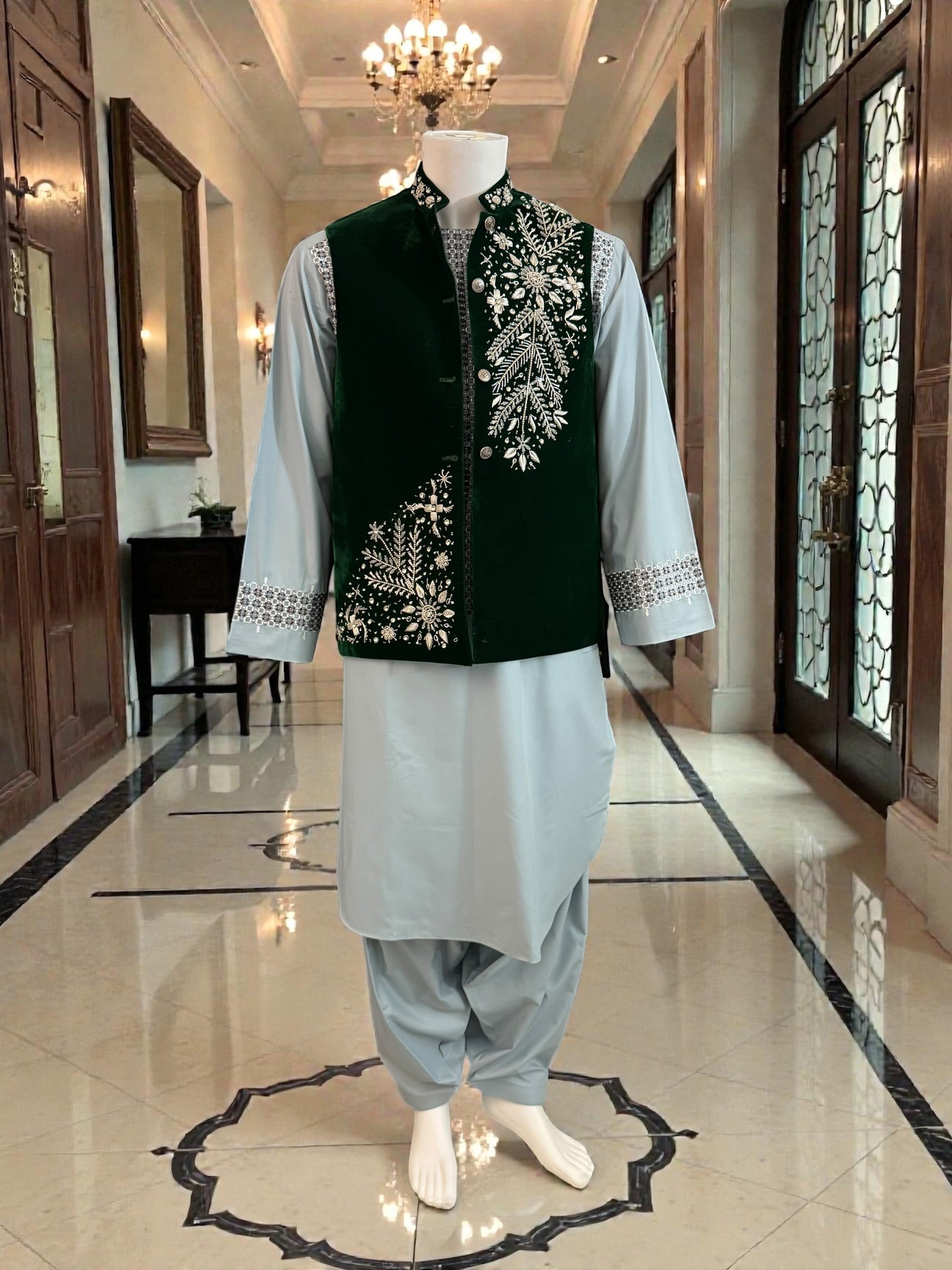 Small Emerald Green Velvet Waistcoat– Hand-Embroidered Silver Zari & Dabka Work