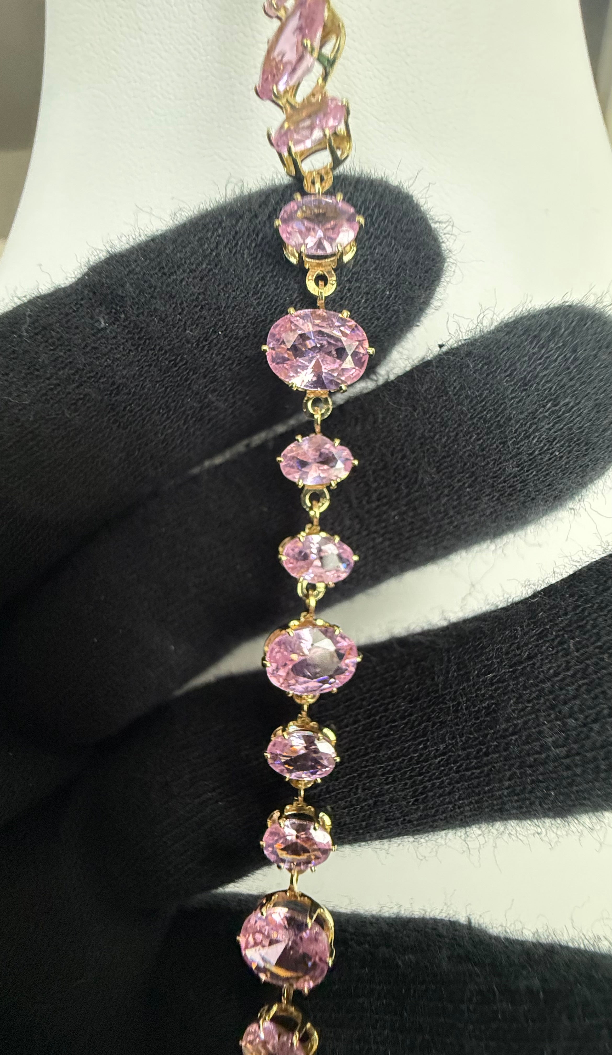 Pink Oval-Cut Crystal Tennis Bracelet – Gold Tone Adjustable Statement Bracelet 7142