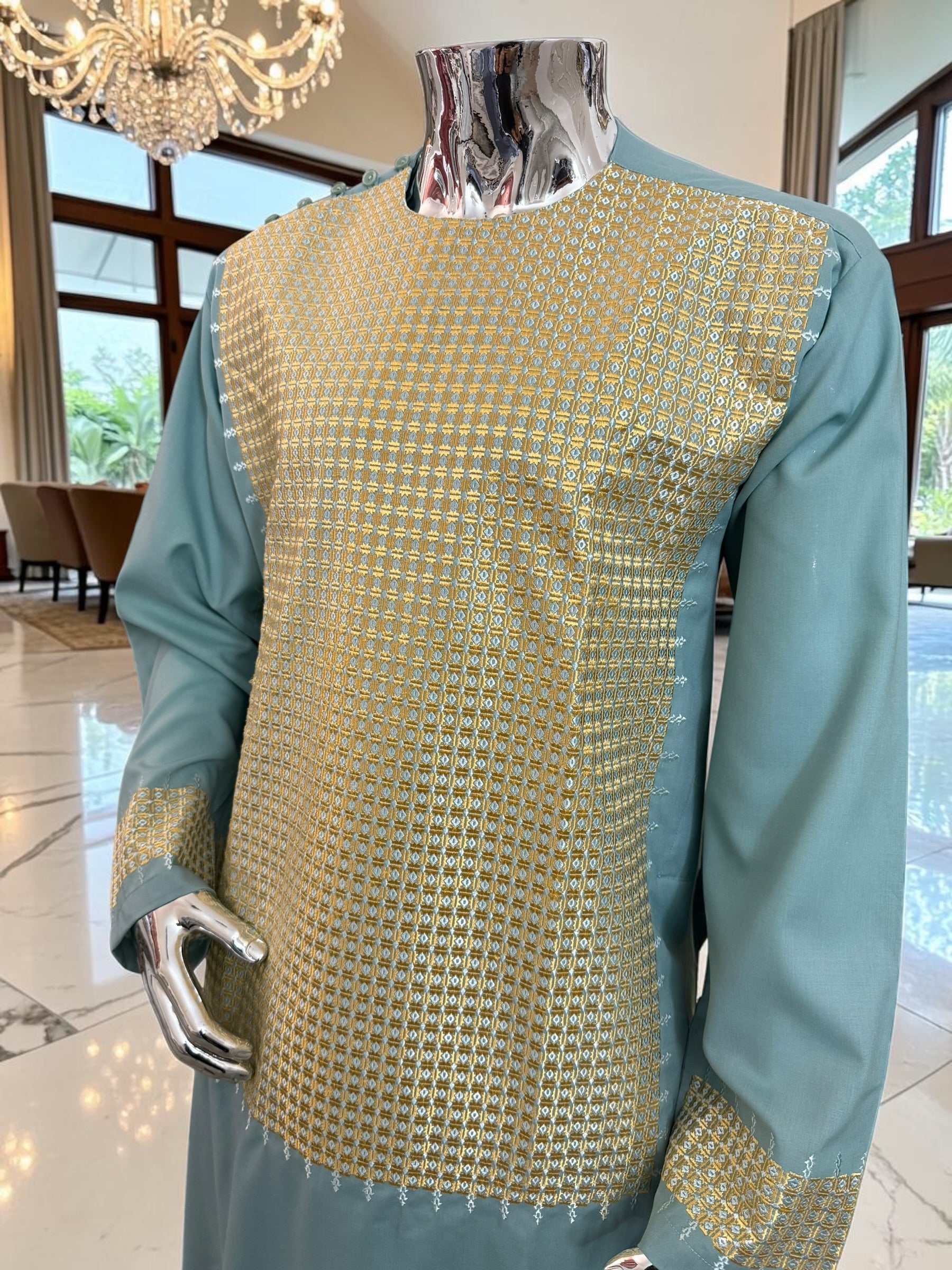 X-Large Turquoise Afghan Parahan Tunban for Men with Machine Embroidery
