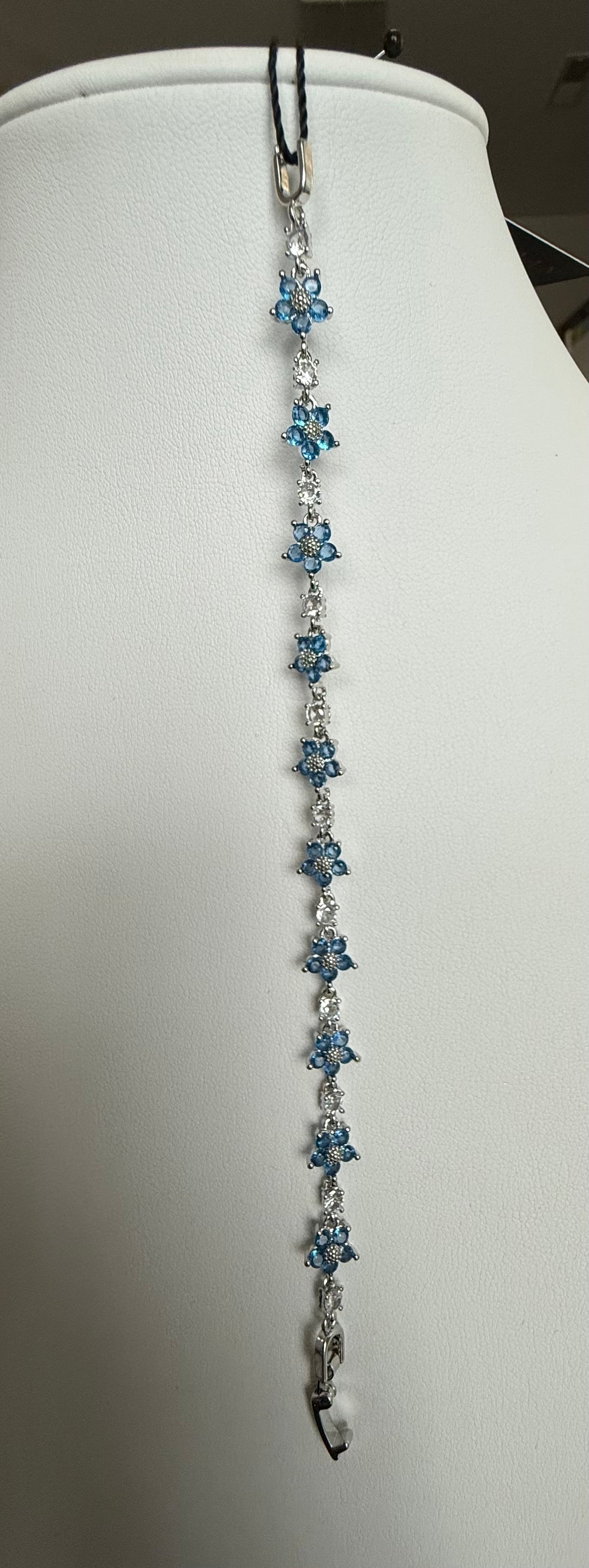 Blue Crystal Flower Bracelet – Silver Tone Floral Rhinestone Link Bracelet for Women 7072