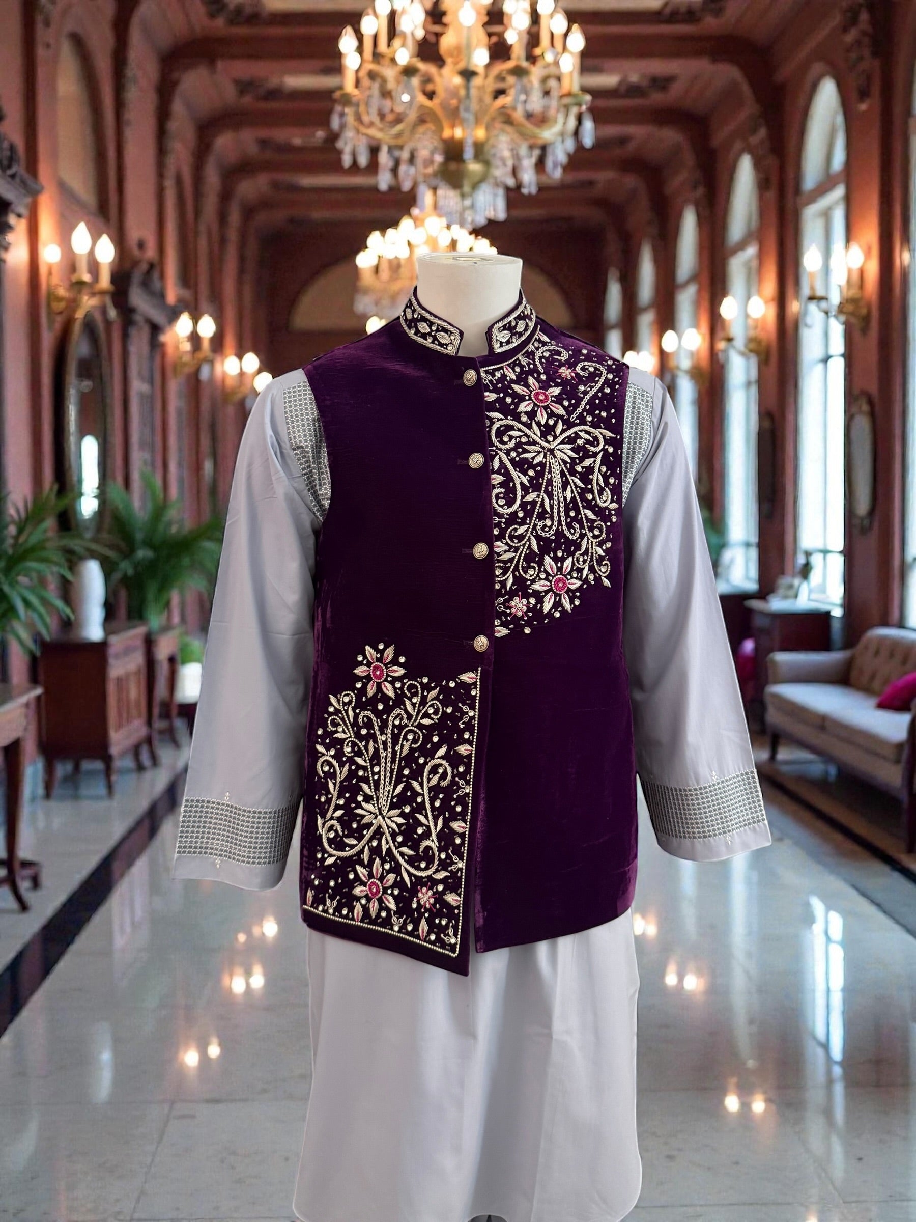 Medium Purple Velvet Men’s Waistcoat – Hand-Embroidered Zari, Dabka & Stonework Medium