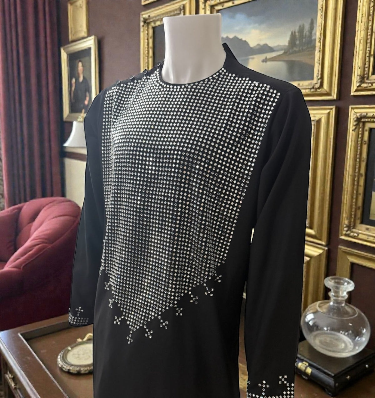 Small Black Afghan Kameez 2-Piece Set with Silver Shesha Mirror Work