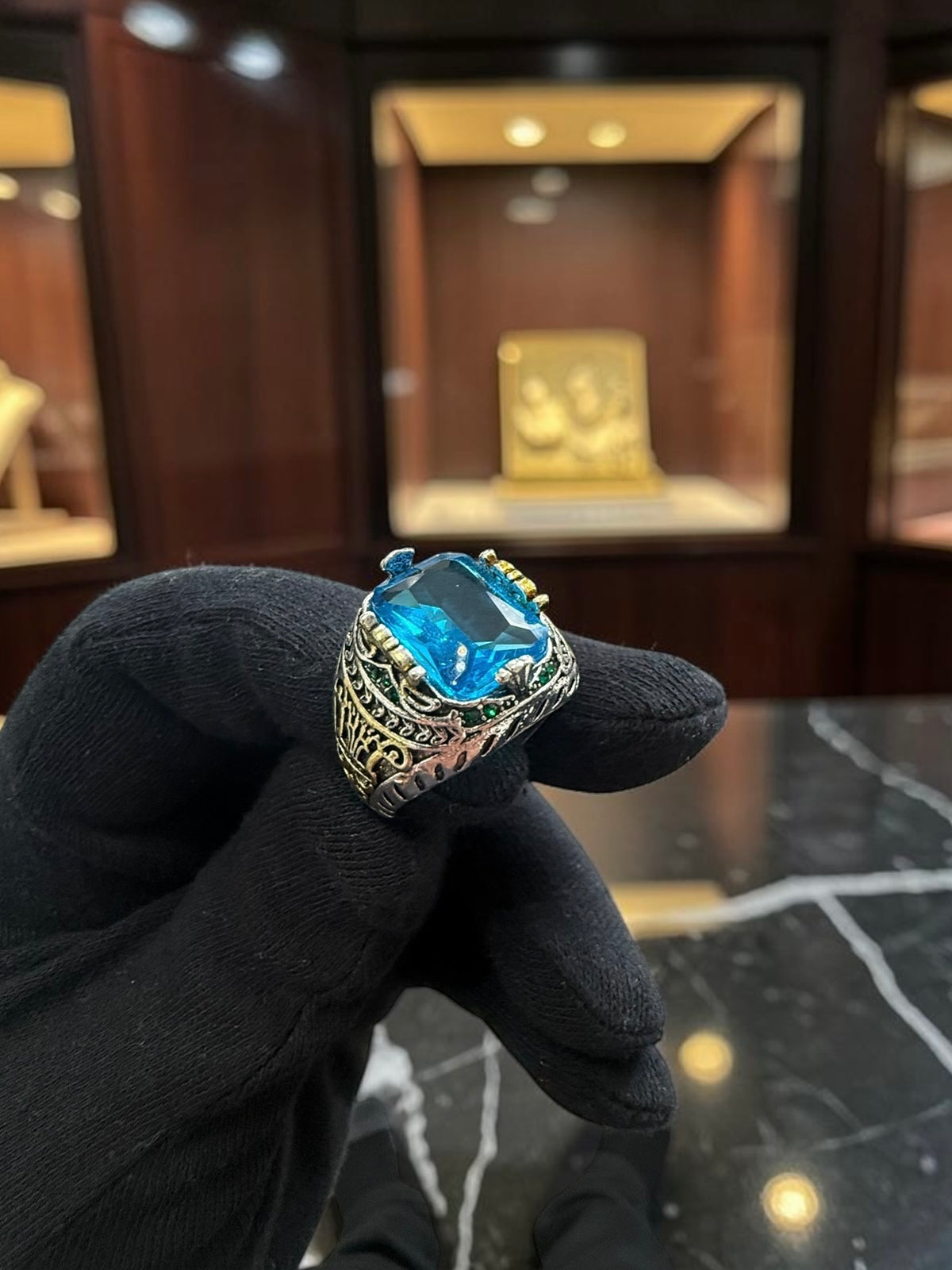 Vintage Turkish Inspired Signet Ring with Cubic Zirconia Stone – Silver Plated Two-Tone Men’s & Unisex Statement Ring – Available in Black, Green, Red, Gold, Navy & Blue