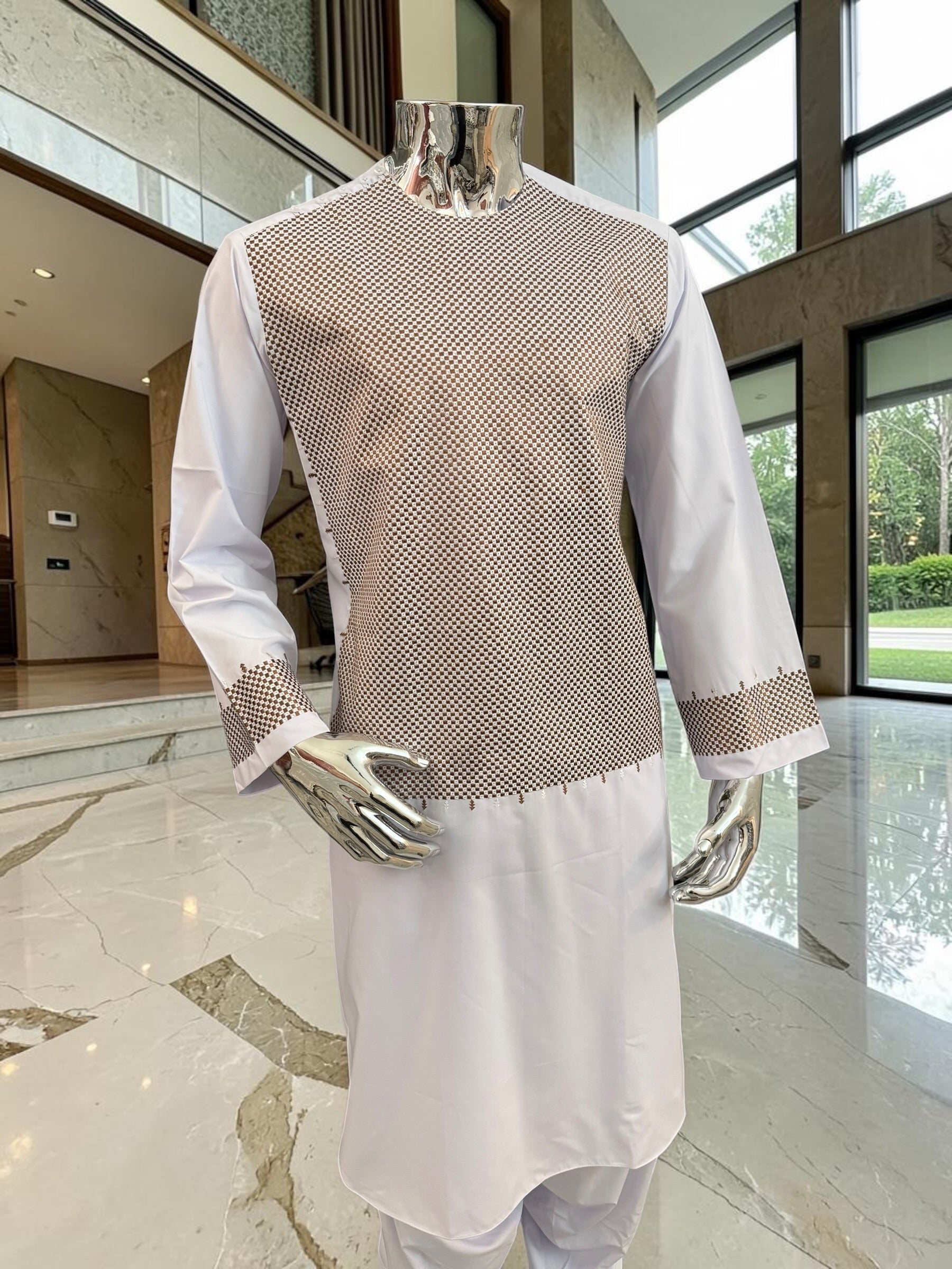 Medium White Premium Machine Embroidered Afghan Parahan Tunban Set