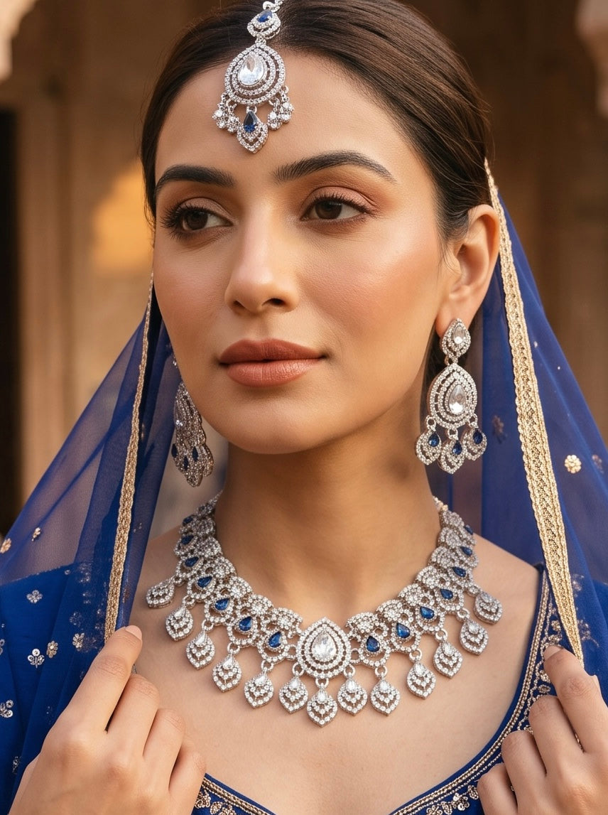 American Diamond Necklace, Earrings & Maang Tikka Jewelry Set – 7 Colors