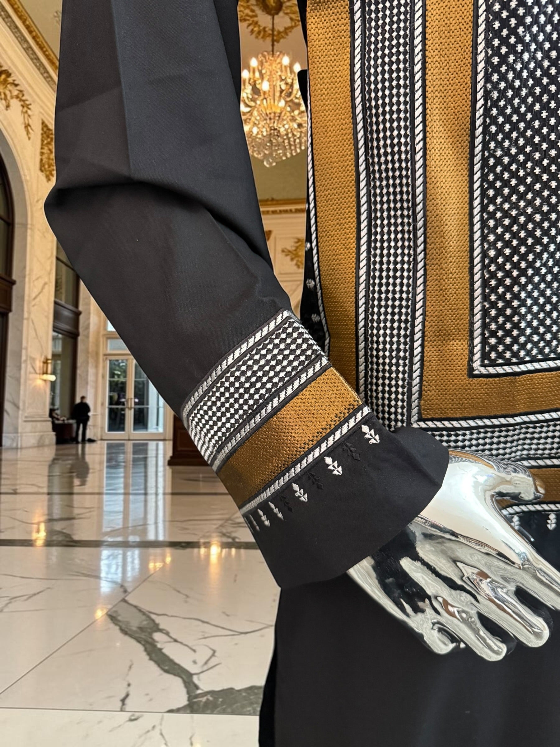 Large Men’s Black Parahan Tunban with White & Bronze Embroidery | Premium Afghan Traditional Wear – Luqmaan Boutique