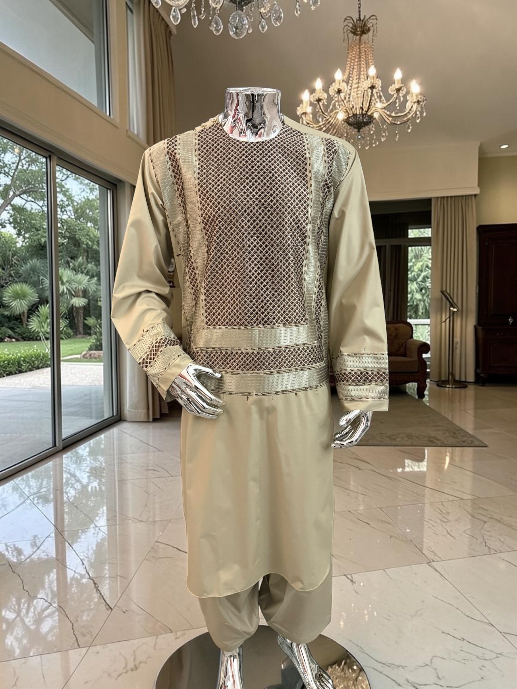 X-Large Men’s Light Khaki Afghan Parahan Tunban Set with Premium Machine Embroidery