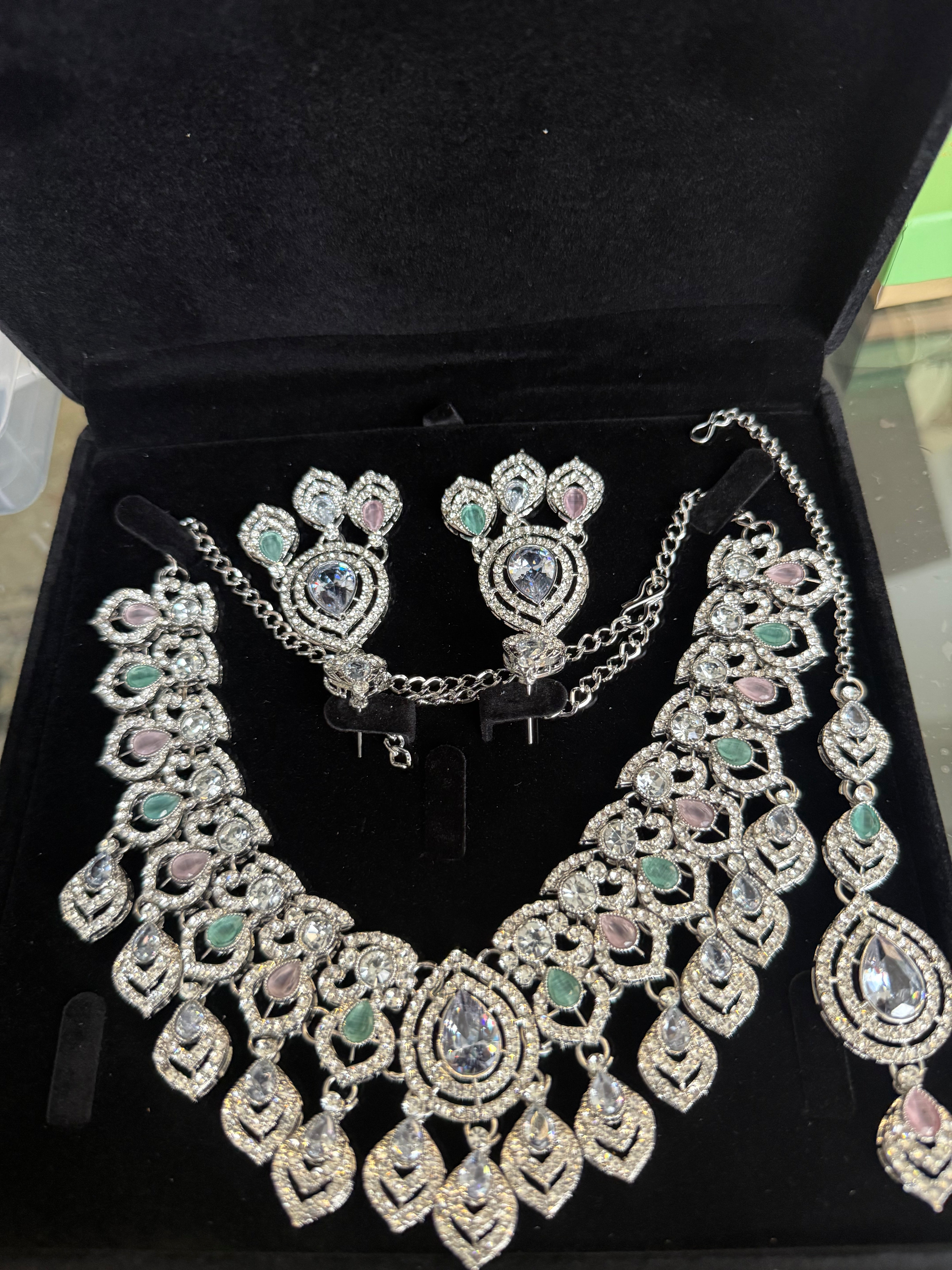 Luxury Silver Tone Pastel Pink & Mint Crystal Bridal Jewelry Set | Statement Necklace, Earrings & Maang Tikka | Wedding Jewelry with Black Gift Box 6026