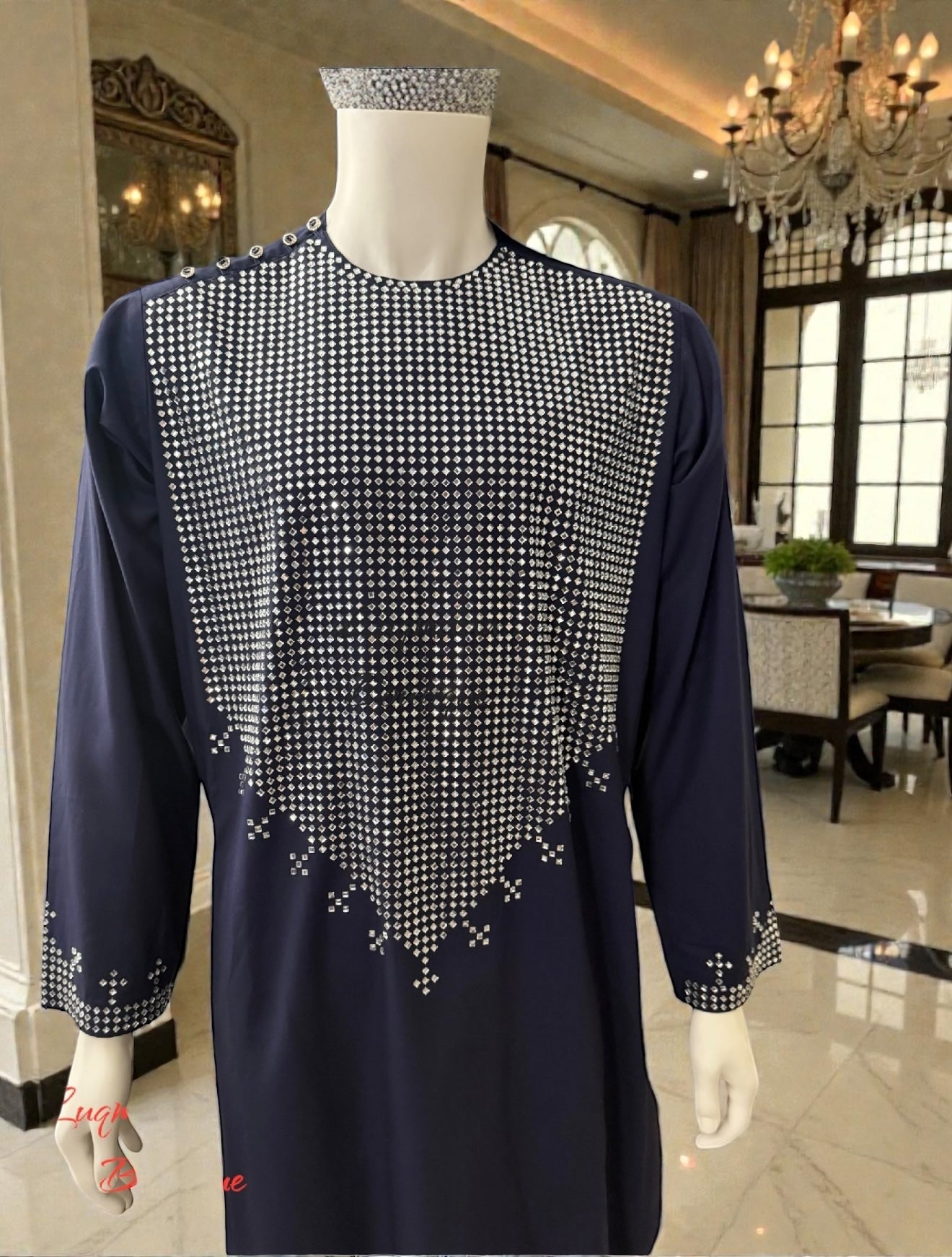 Small Navy Blue Afghan Parahan Tunban 3-Piece Set with Shesha Work