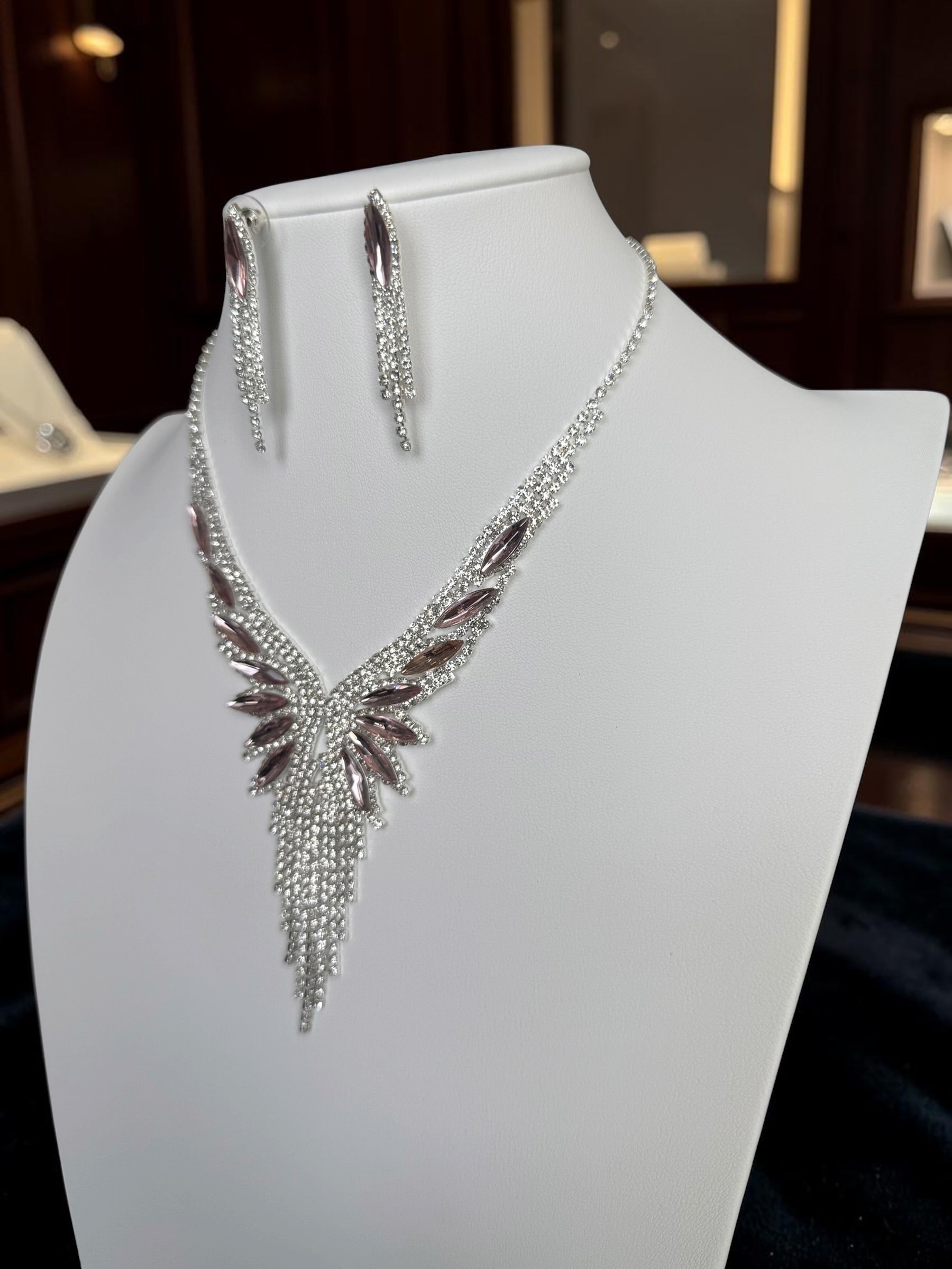 Crystal Rhinestone Statement Necklace & Earrings Set – Silver-Tone Leaf Design with Tassel, 7 Color Options, Jewelry Box Included