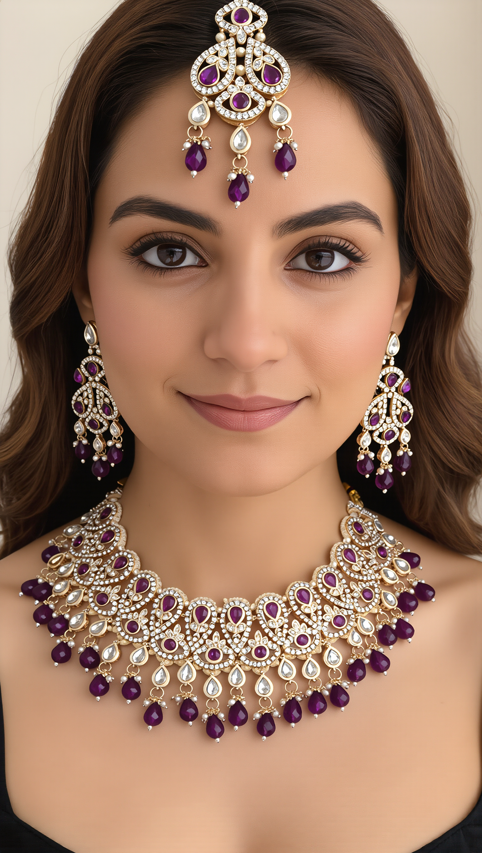 Purple Kundan Bridal Jewelry Set with Earrings & Maang Tikka | Rose Gold Indian Pakistani Afghan Wedding Necklace | Gift Box Included 6050
