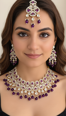 Purple Kundan Bridal Jewelry Set with Earrings & Maang Tikka | Rose Gold Indian Pakistani Afghan Wedding Necklace | Gift Box Included 6050