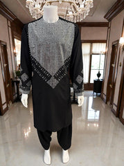 Large Black Afghan Parahan Tumban with Silver Shesha Mirror Embroidery – Men’s Traditional Wear