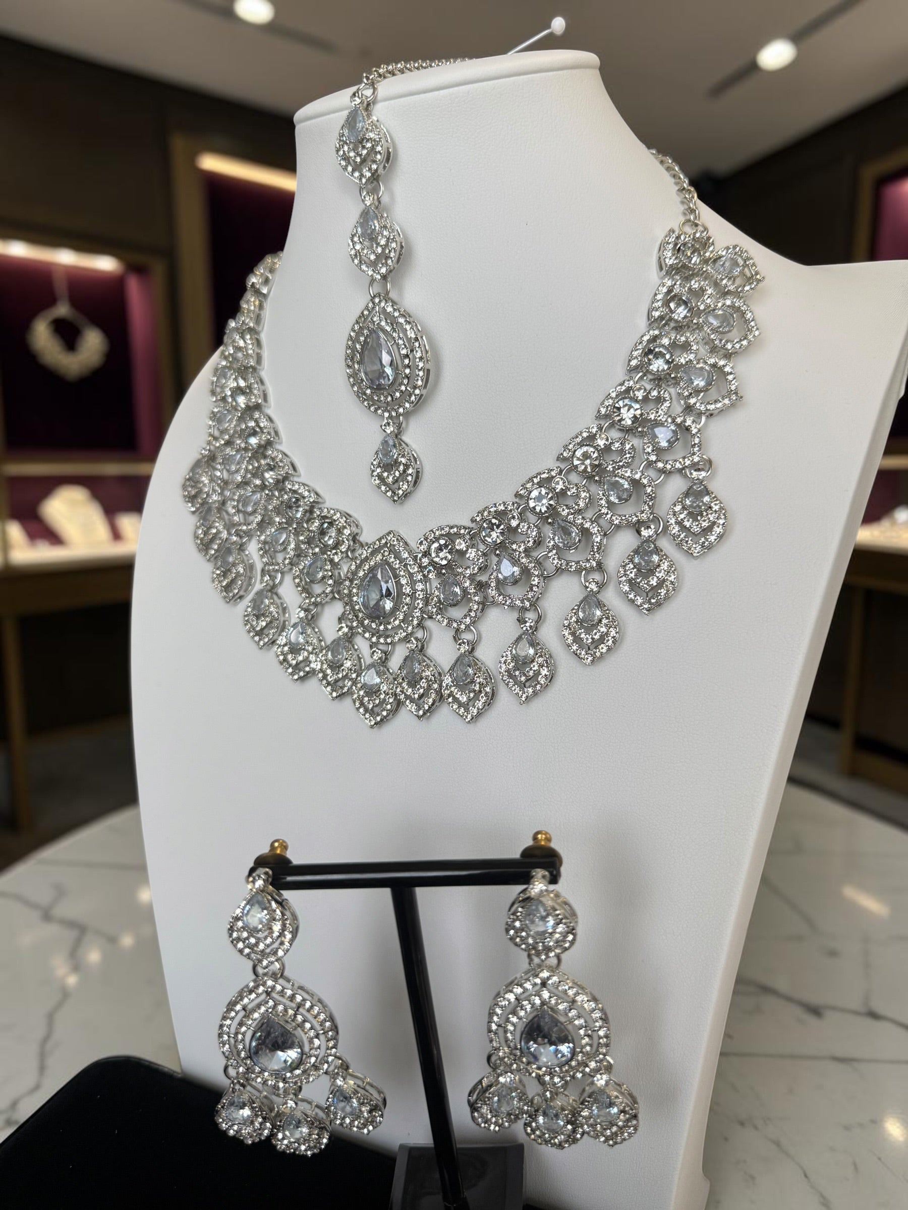 Luxury Silver Tone Clear Crystal Bridal Jewelry Set | Statement Necklace, Earrings & Maang Tikka | Wedding Jewelry with Black Gift Box 6024