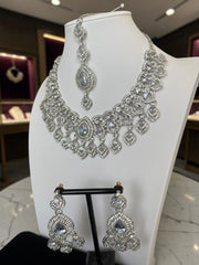 Luxury Silver Tone Clear Crystal Bridal Jewelry Set | Statement Necklace, Earrings & Maang Tikka | Wedding Jewelry with Black Gift Box 6024