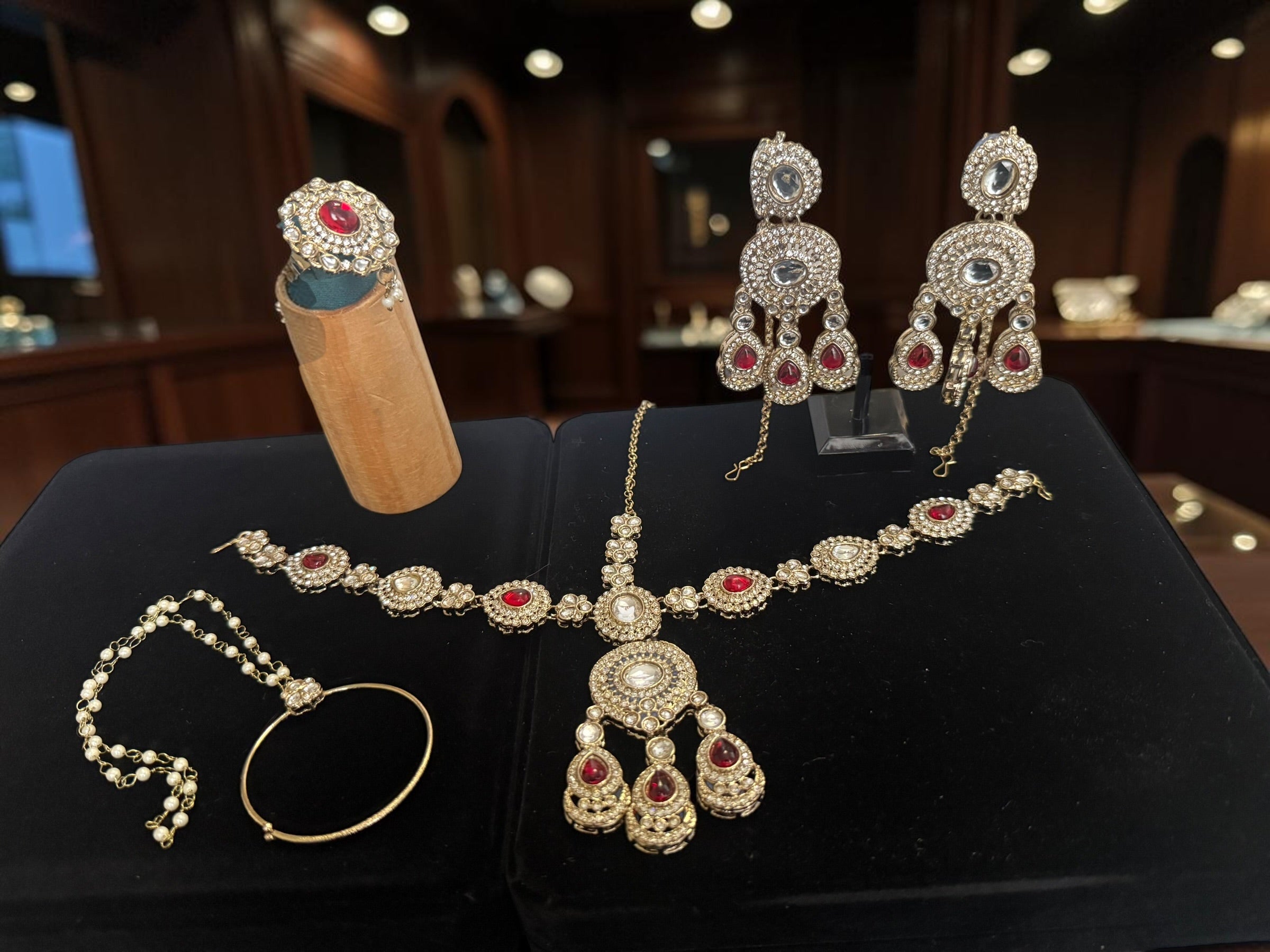 Ruby Red Kundan Half Bridal Jewelry Set – 5-Piece Necklace, Earrings, Sheeshphool, Nath & Adjustable Rings 6060