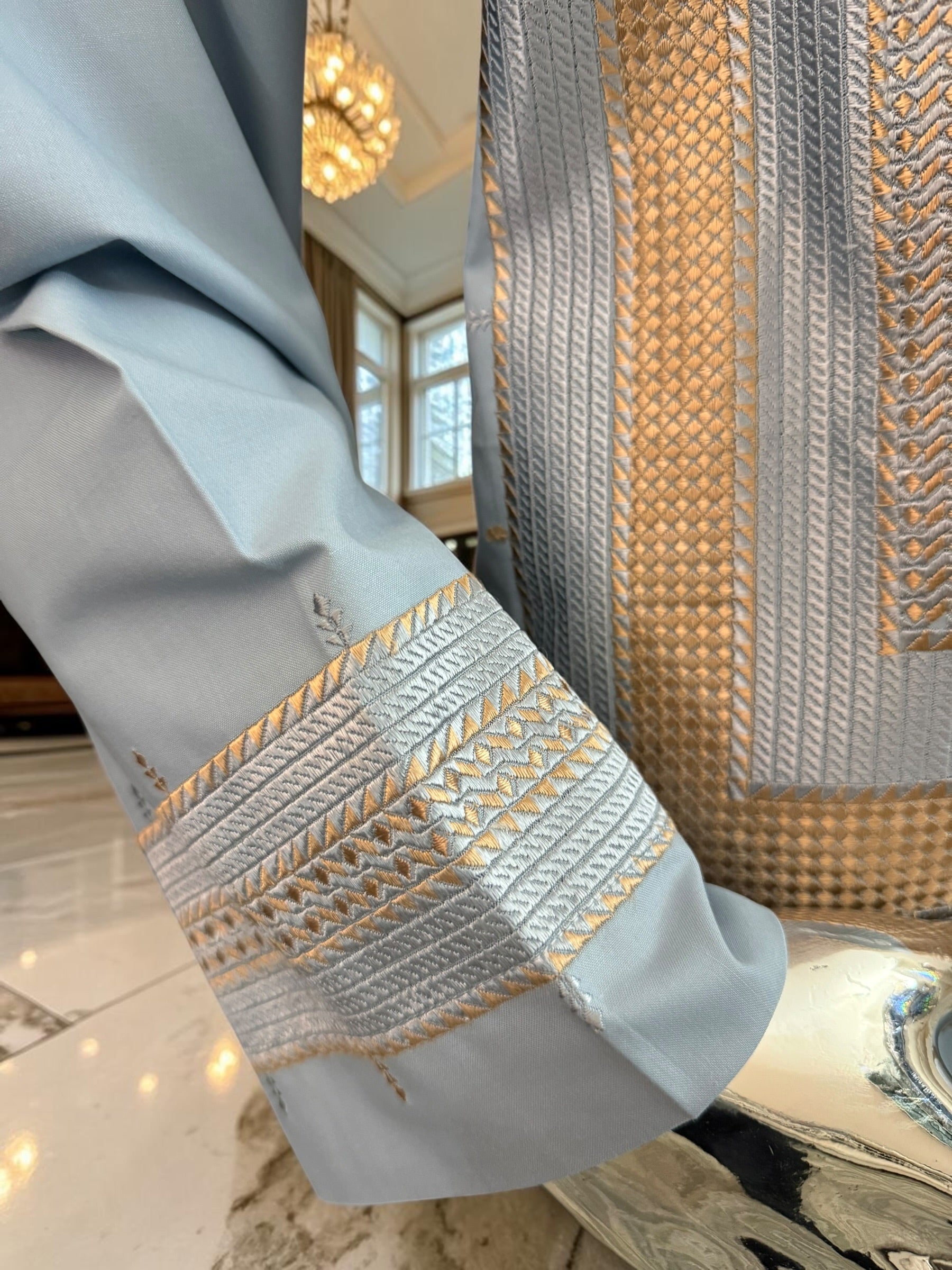 Large Luxury Sky Blue & Gold Embroidered Men’s Afghan Shalwar Kameez Set Yakhandozi – Premium Traditional Outfit