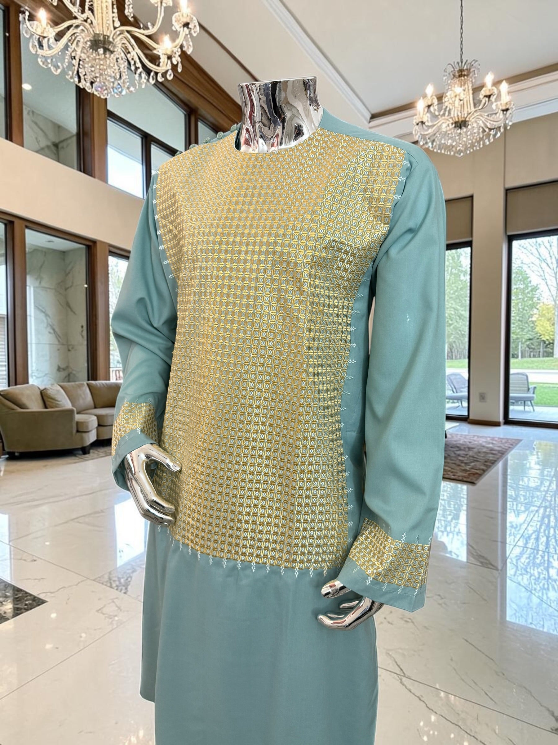 X-Large Turquoise Afghan Parahan Tunban for Men with Machine Embroidery