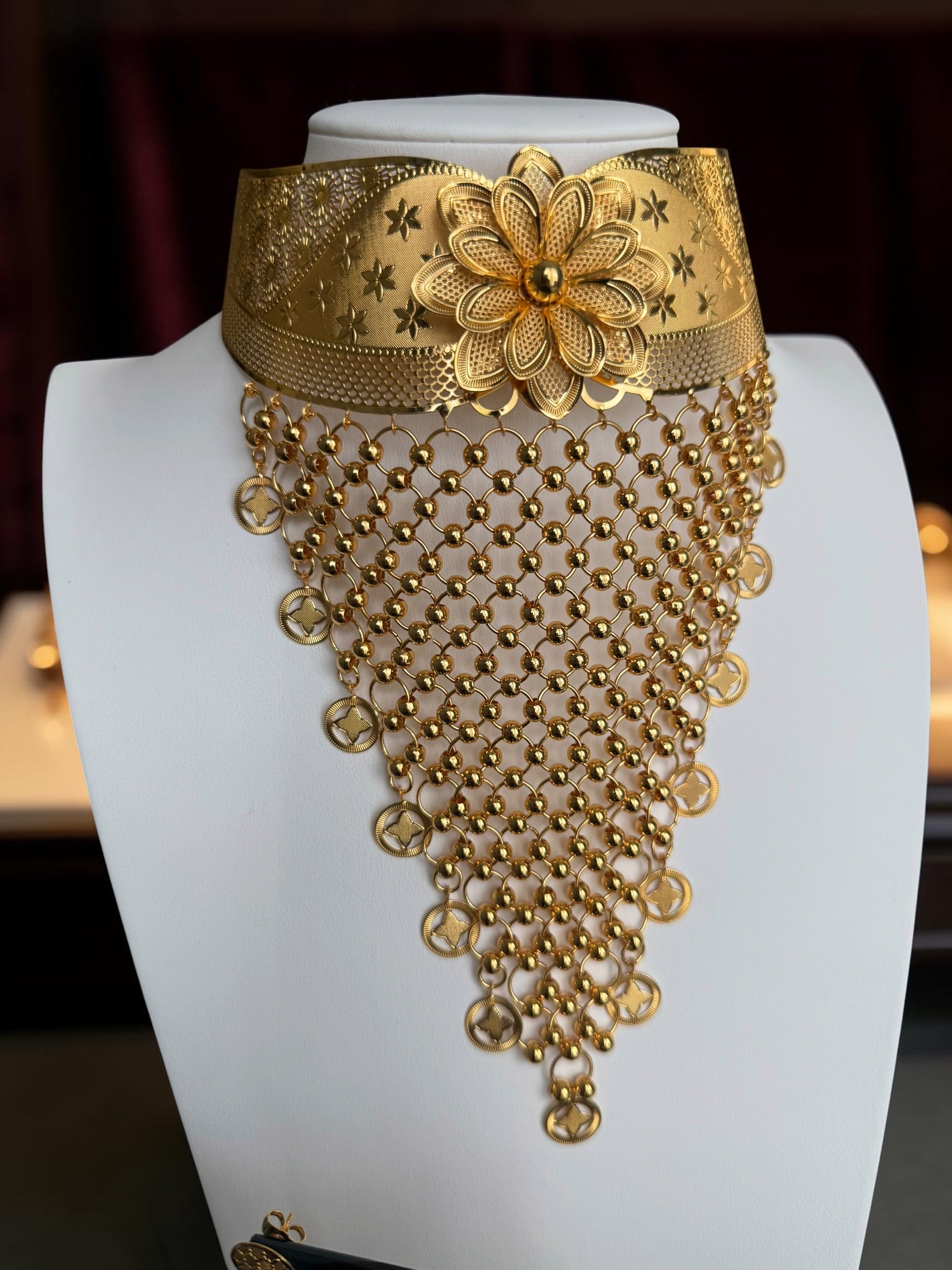 24K Gold-Plated Floral Choker Necklace and Earrings Set | Vintage Hollow Statement Jewelry | Afghan, Indian, Pakistani & Middle Eastern Wedding Set 6073