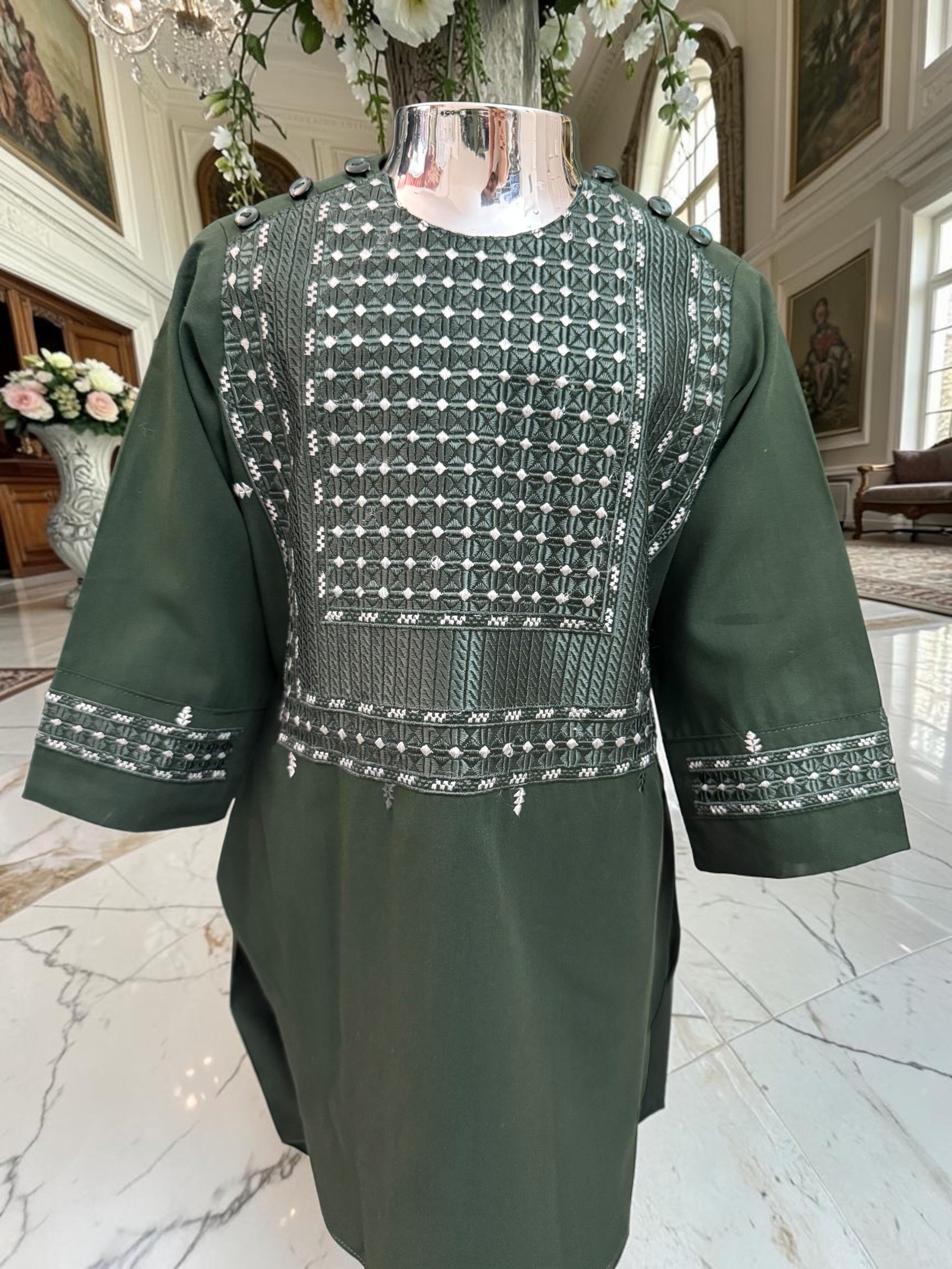 Traditional Afghan Clothing for Boys – Forest Green Embroidered Set Design 23