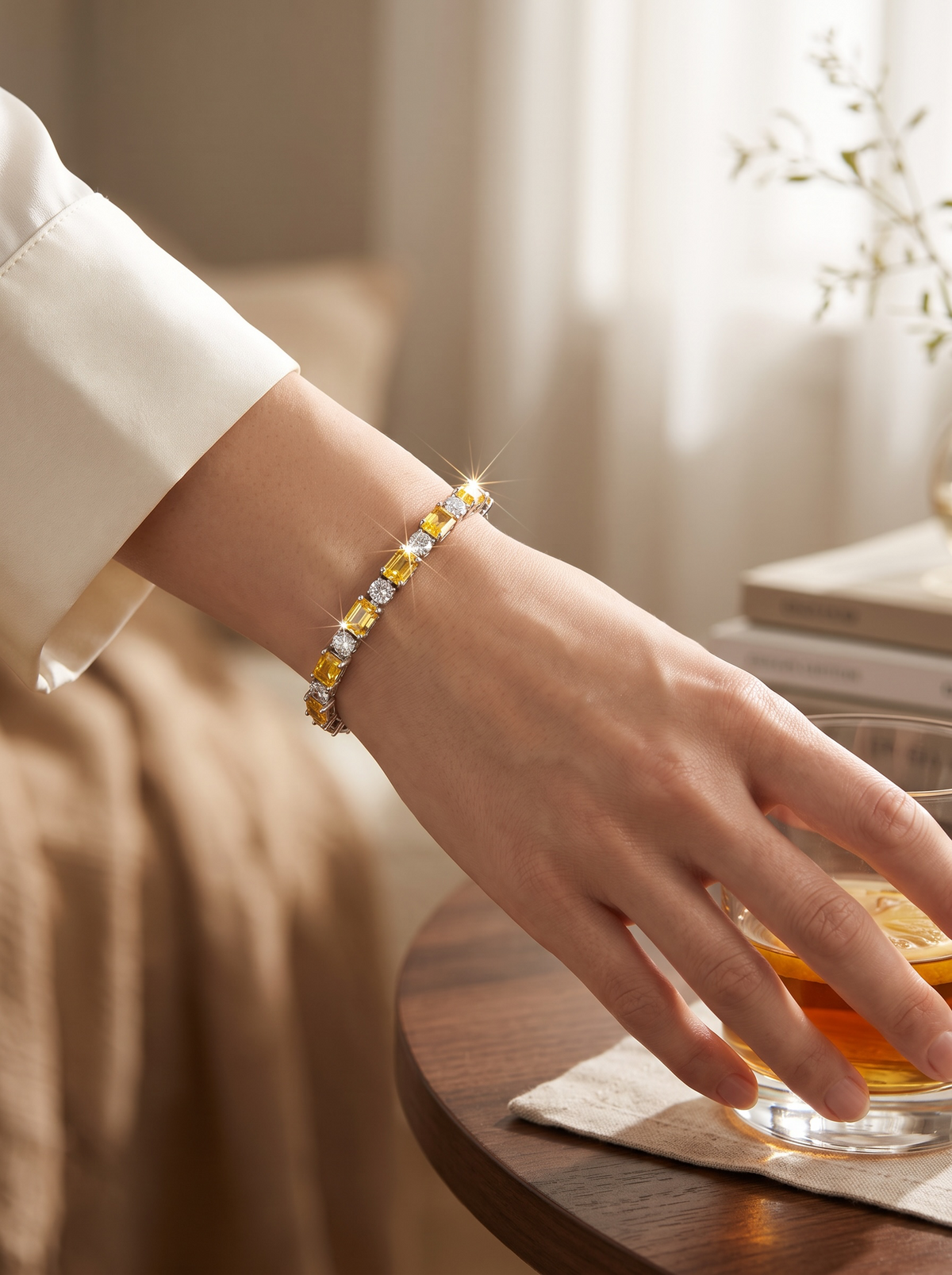 Yellow Emerald-Cut Crystal Tennis Bracelet – Silver Tone Statement Bracelet 7143