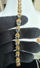 Mystic Rainbow Crystal Bracelet – Gold Tone Leaf Link Statement Bracelet 7097