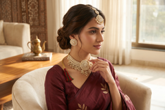 Pakistani Indian Afghan Pearl Choker Jewelry Set for Women – Gold Tone Bridal Necklace, Earrings & Maang Tikka | Traditional Ethnic Wedding Jewelry (4-Piece) 021