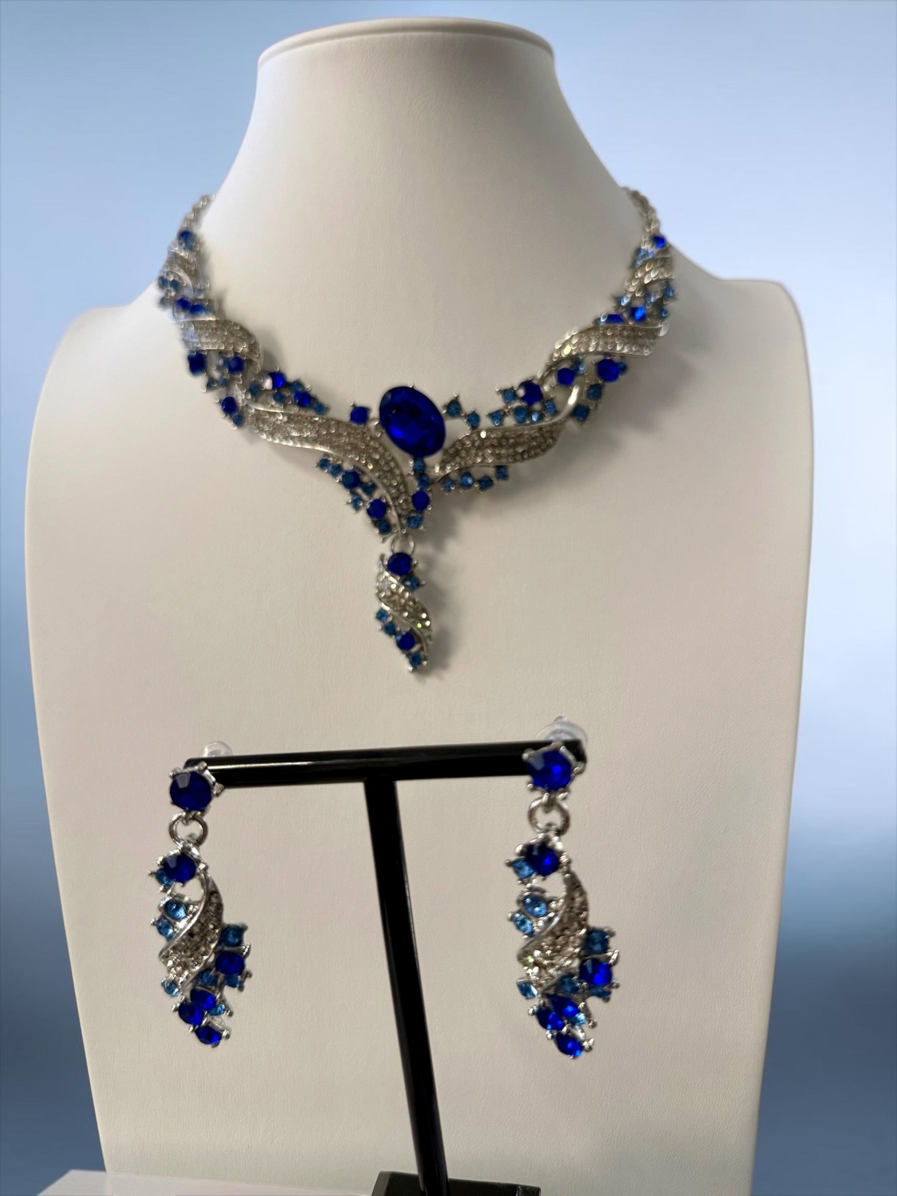 Royal Sapphire Blue Crystal Jewelry Set – Silver-Tone Necklace & Drop Earrings | Afghan, Pakistani, Indian & Middle Eastern Bridal Jewelry.  070