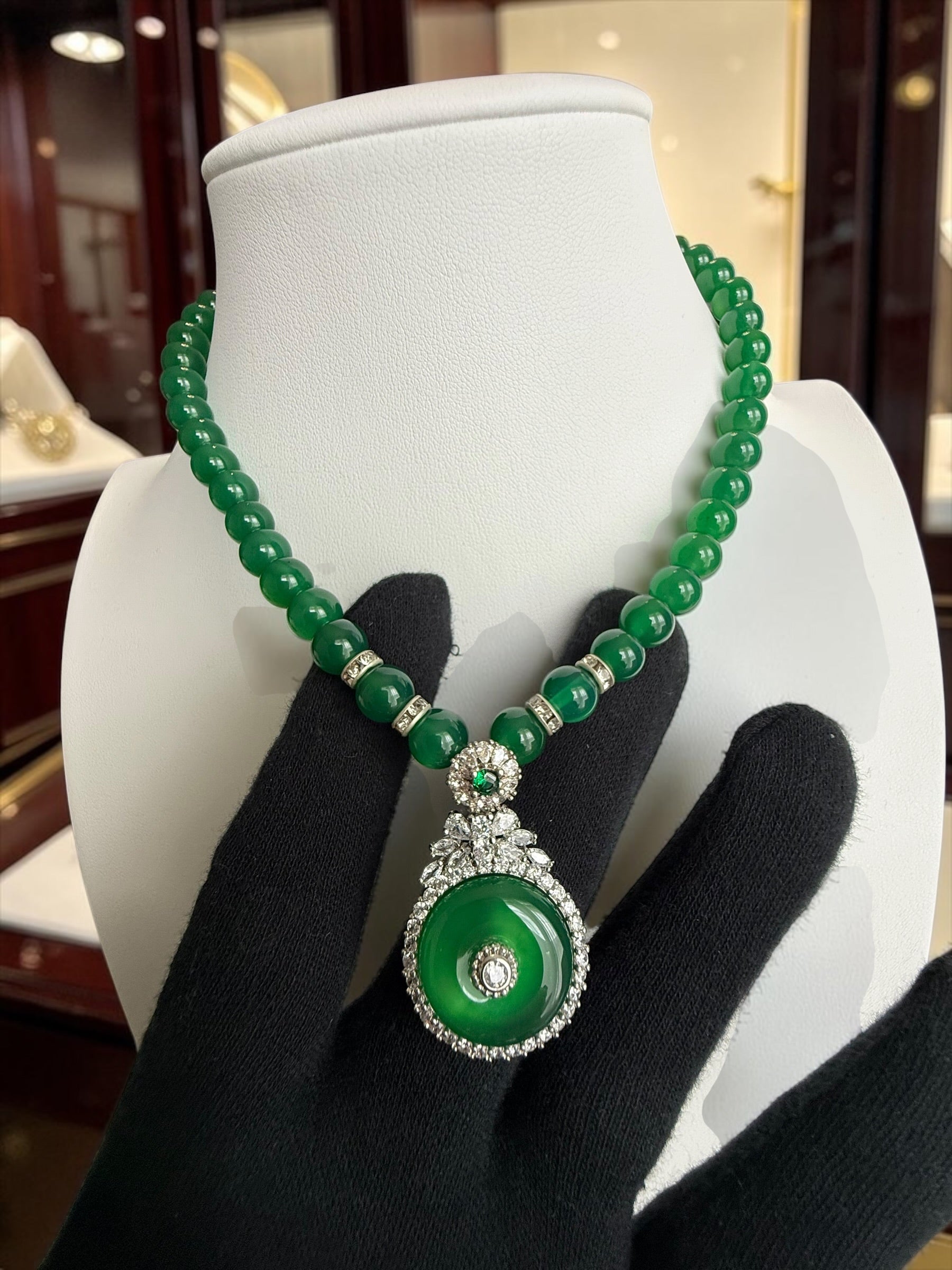 Natural Green Agate Beaded Donut Pendant Necklace – Silver Plated Brass with Chalcedony & Zirconia Accents – Statement Gemstone Jewelry with Certificate 6007