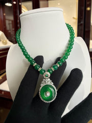 Natural Green Agate Beaded Donut Pendant Necklace – Silver Plated Brass with Chalcedony & Zirconia Accents – Statement Gemstone Jewelry with Certificate 6007