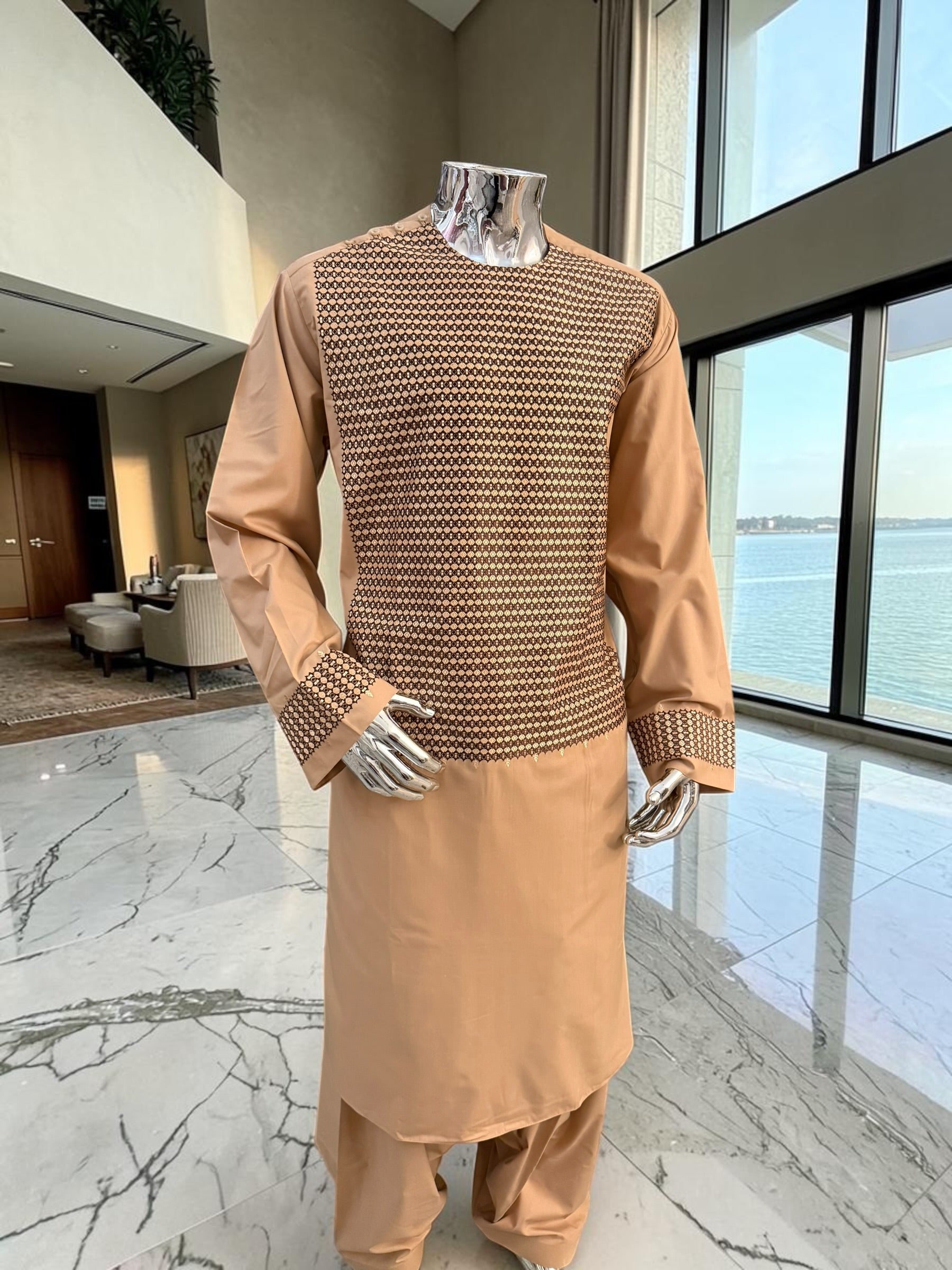 XL Peach Afghan Parahan Tunban with Machine Embroidery
