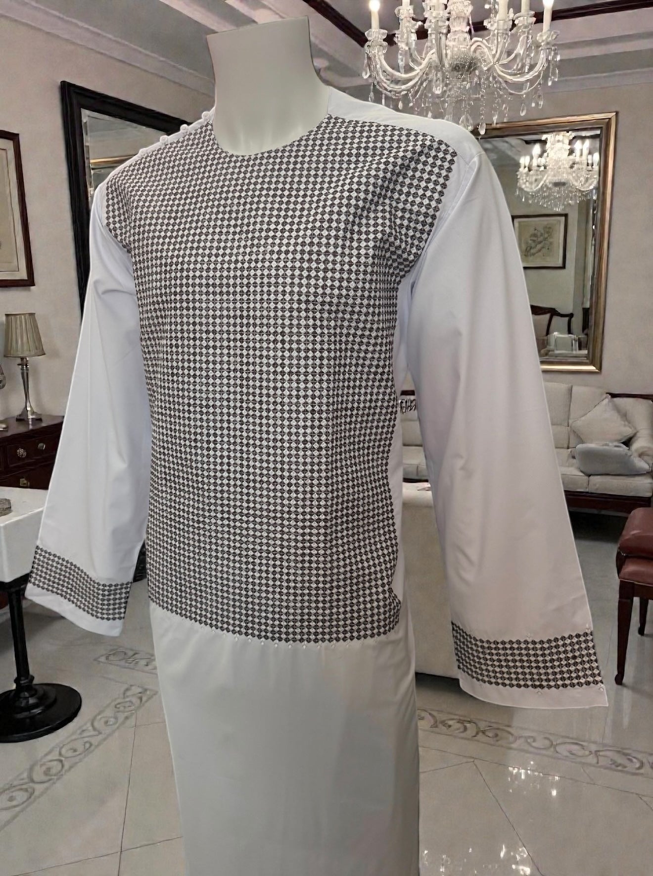 Traditional Afghan Parahan Tunban with Patterned Front Panel – White – XL